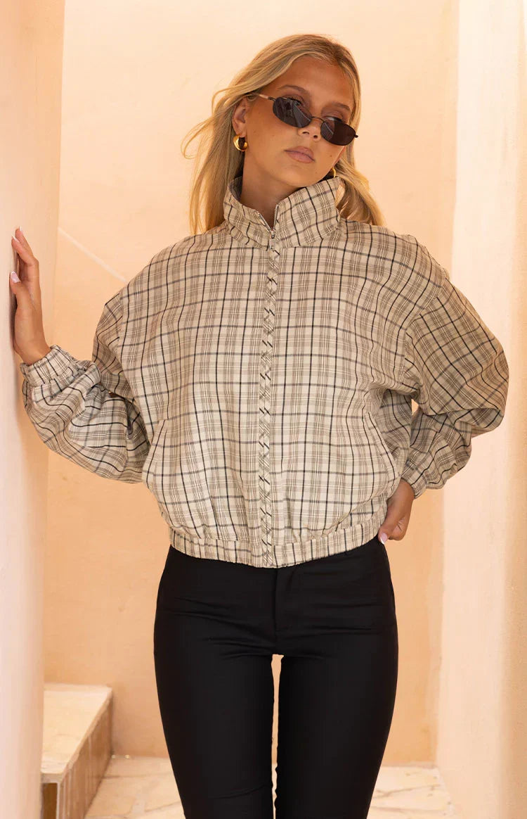 Lee Beige Plaid Funnel Neck Jacket PRE ORDER