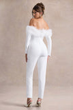 Ales White Bardot Tailored Straight Leg Jumpsuit With Feather Trim