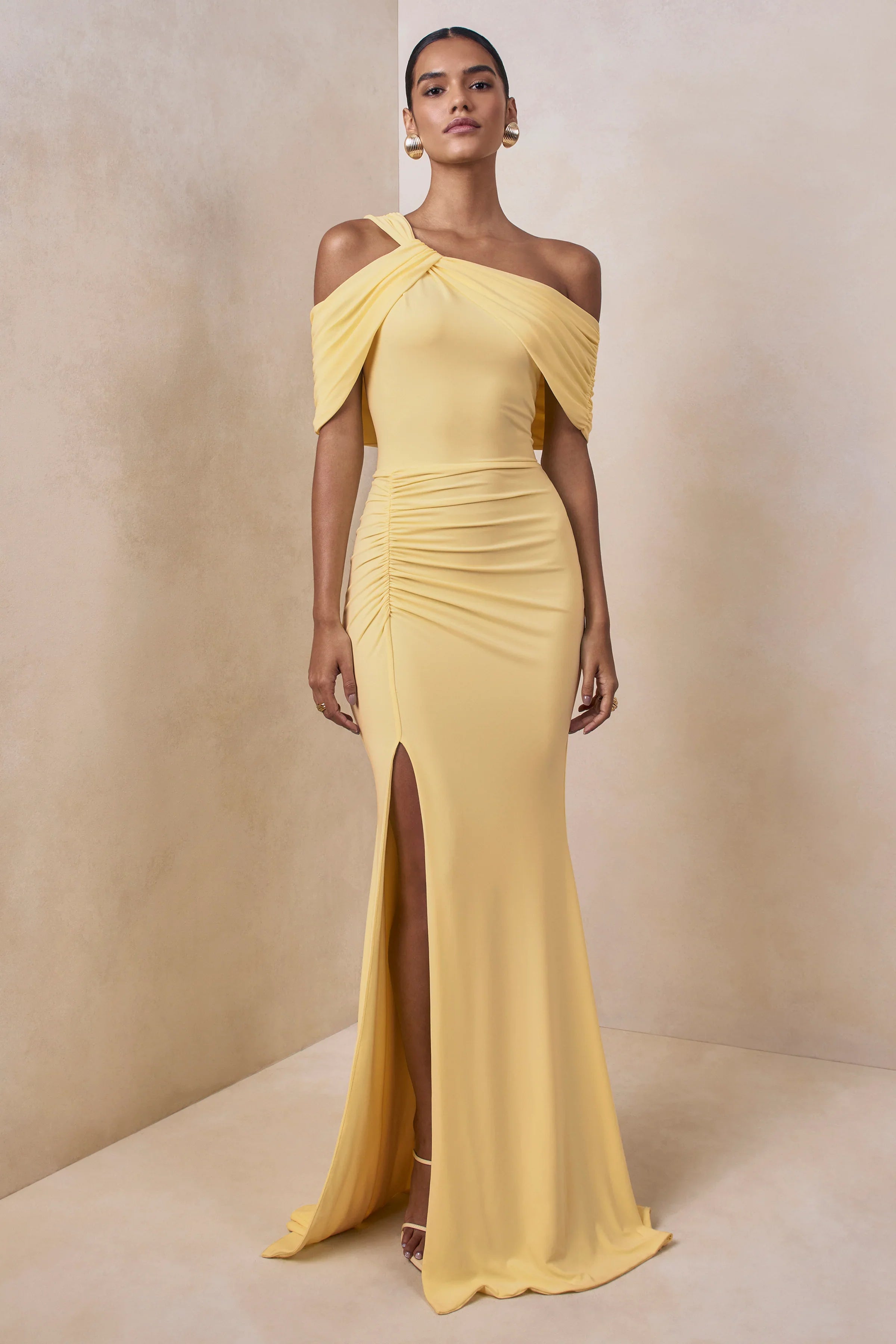 Nala Lemon Asymmetric Neck Maxi Dress With Gathered Detailing