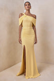 Nala Lemon Asymmetric Neck Maxi Dress With Gathered Detailing