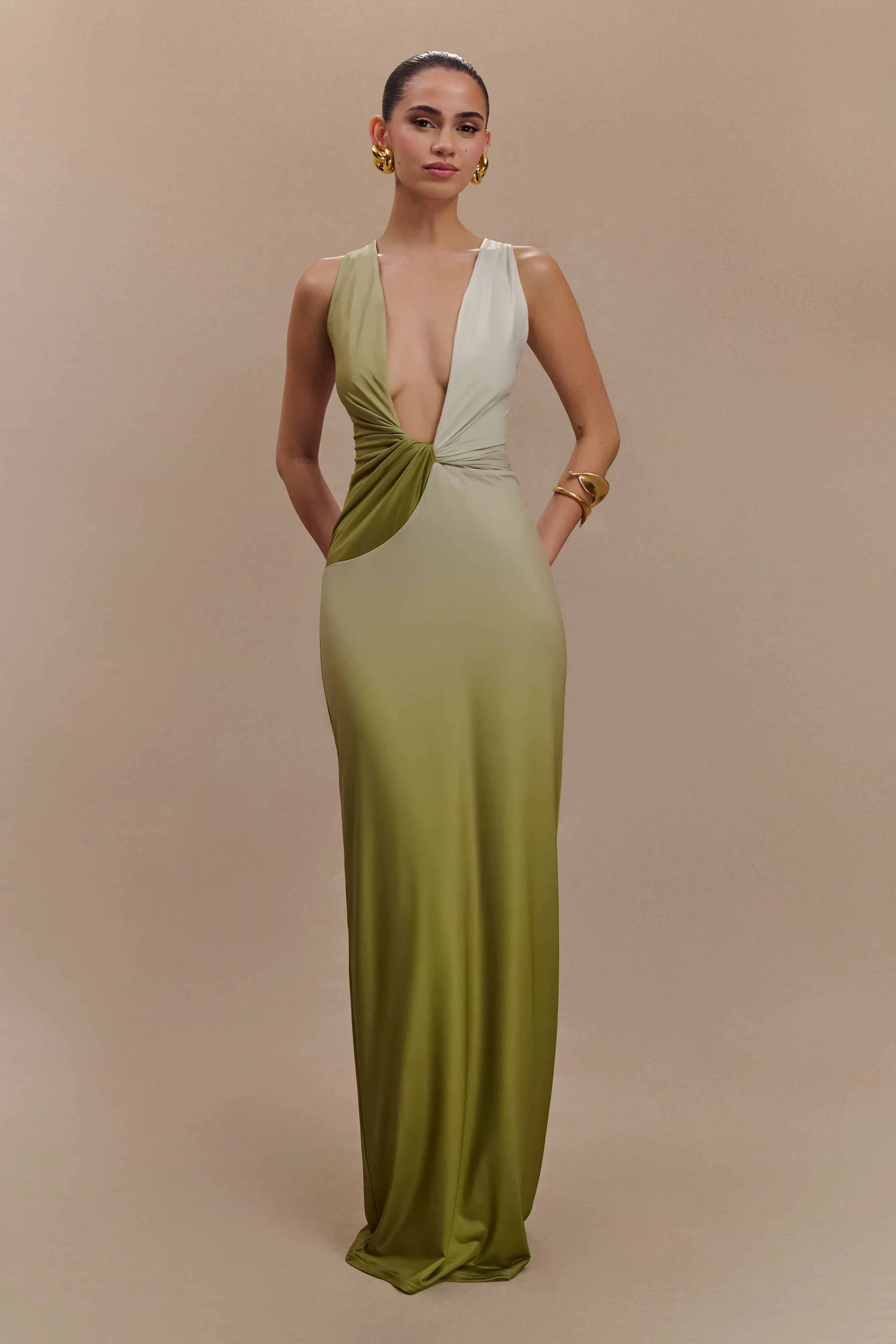 Stella Draped Slinky Maxi Dress Ombre Vintage Olive