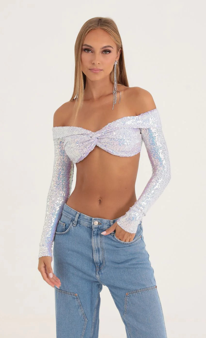 Iridescent Sequin Off The Shoulder Top in Purple