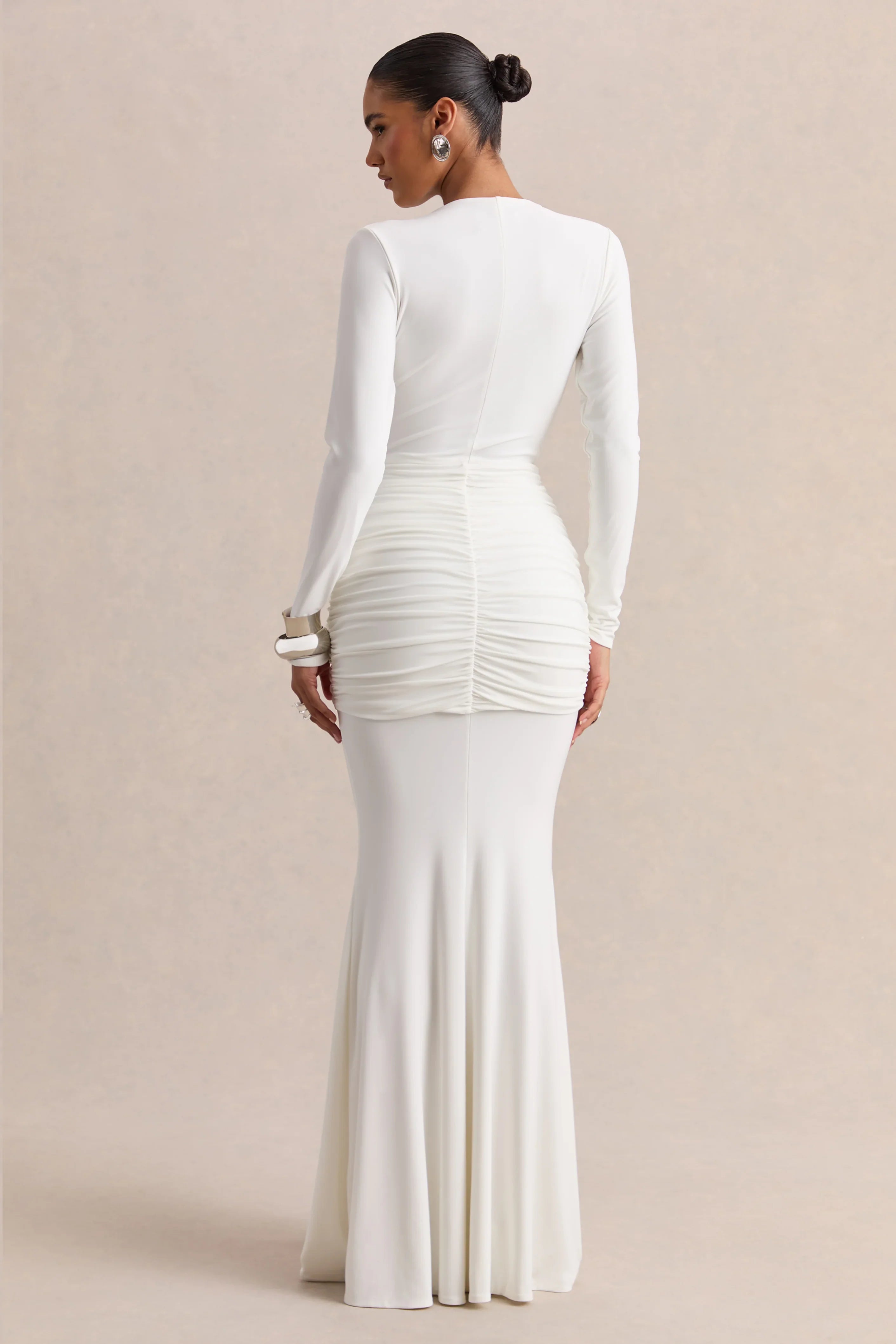 Palerma White Draped Cowl Neck Maxi Dress With Gathered Detailing