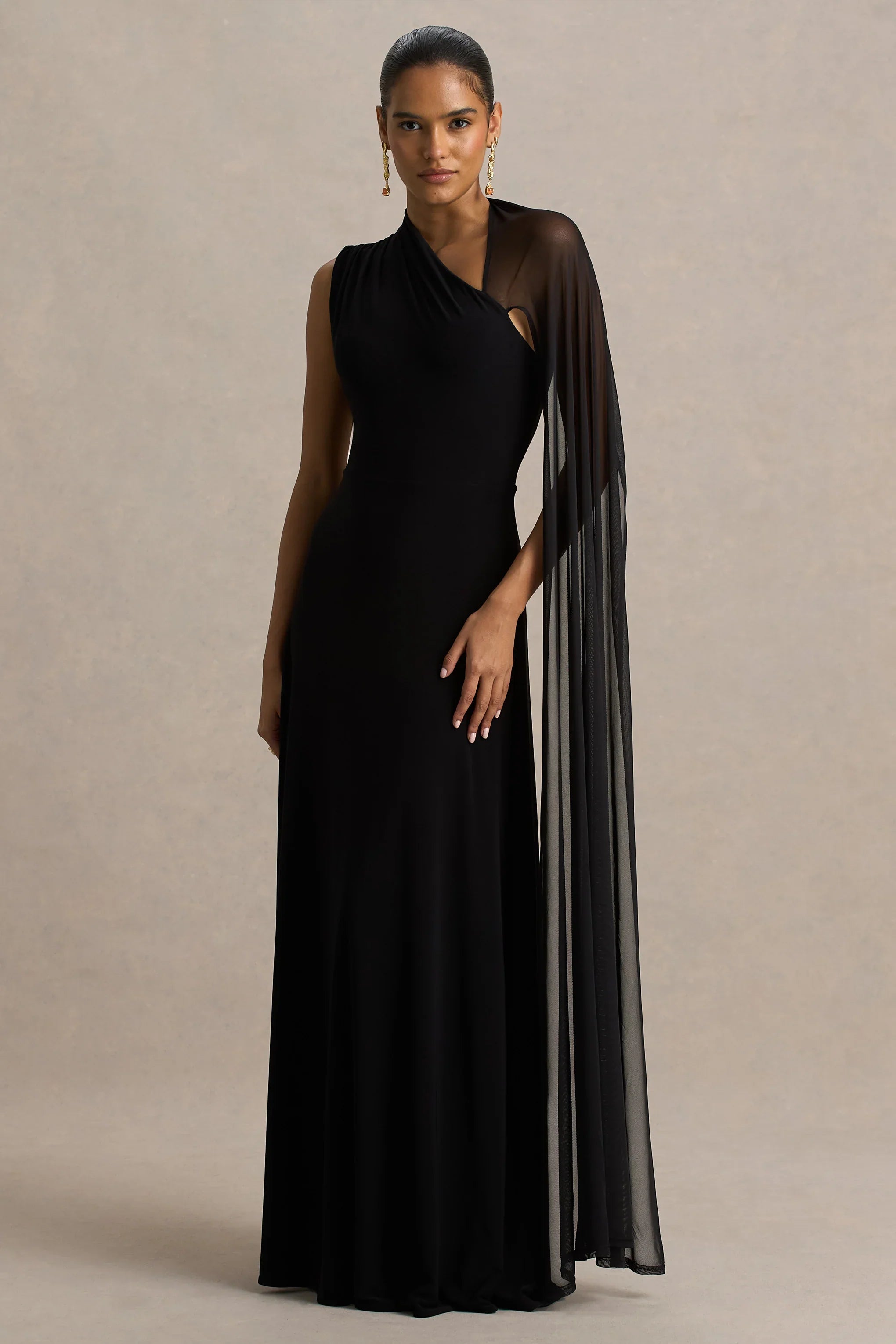 Selena Black High Neck Maxi Dress With Cut Out And Cape Sleeve Detail