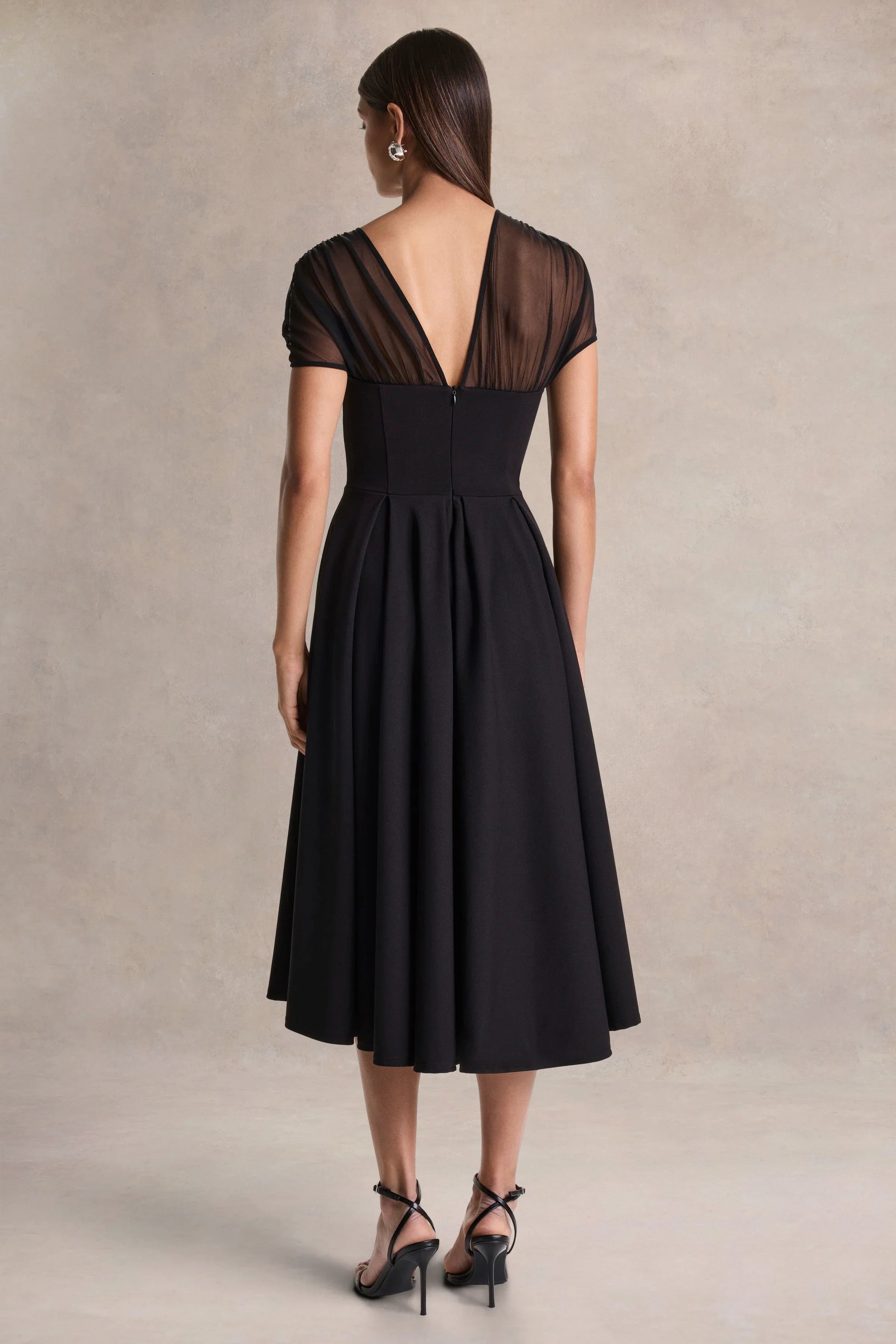 Rosette Black Asymmetric Neck Midi Dress