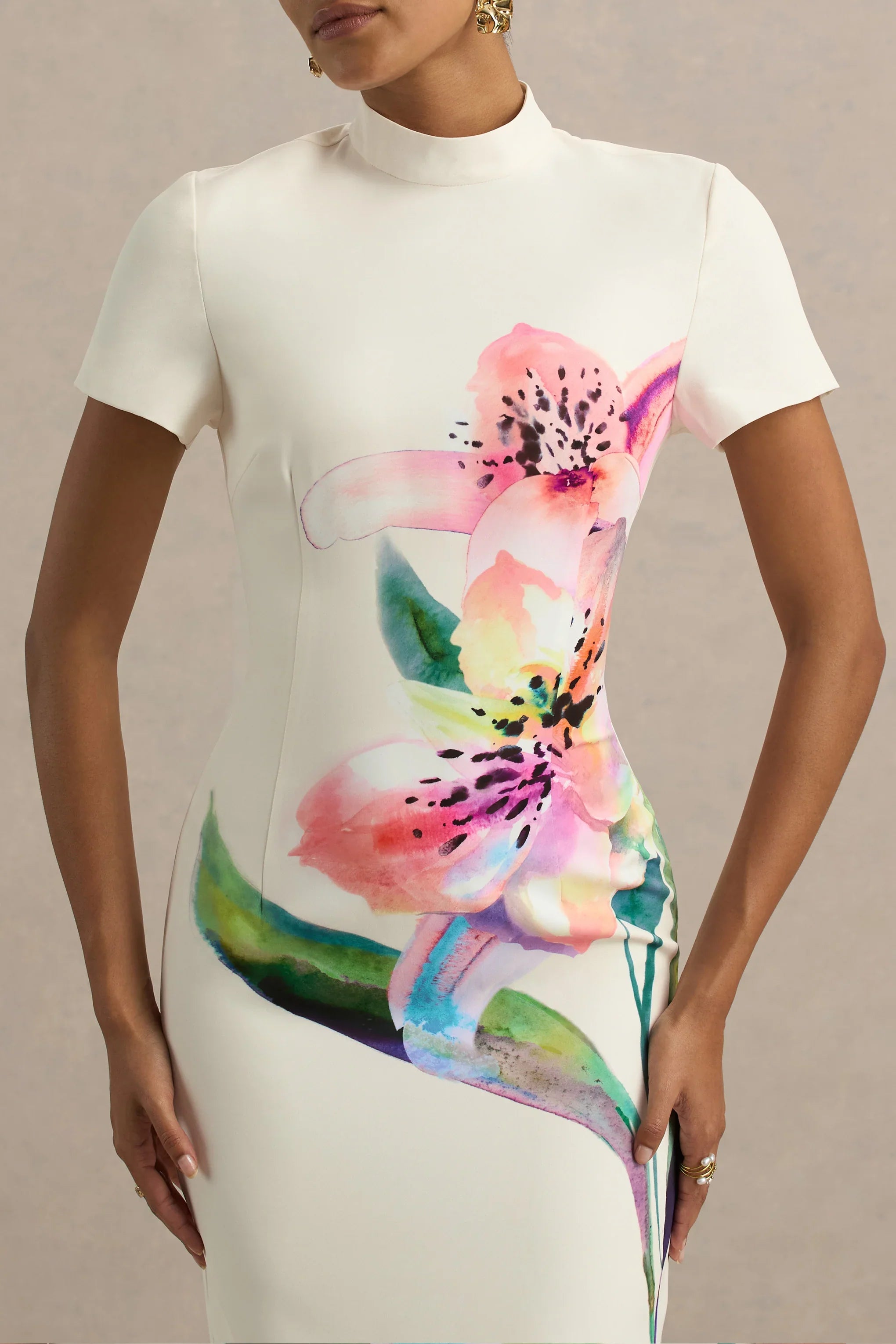 Hessie White Lily Print High Neck Maxi Dress