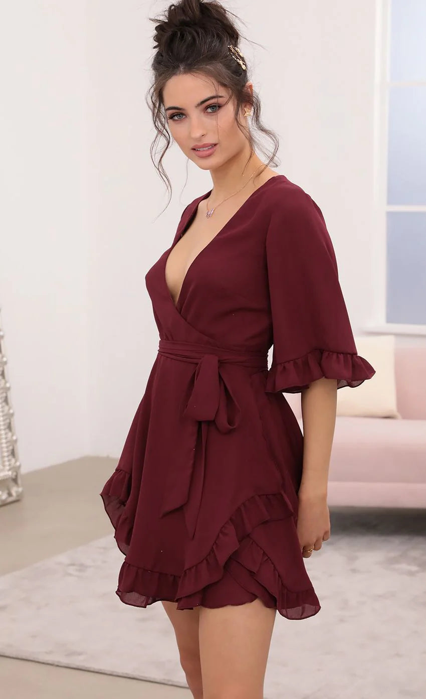 Ruffle Dress in Burgundy