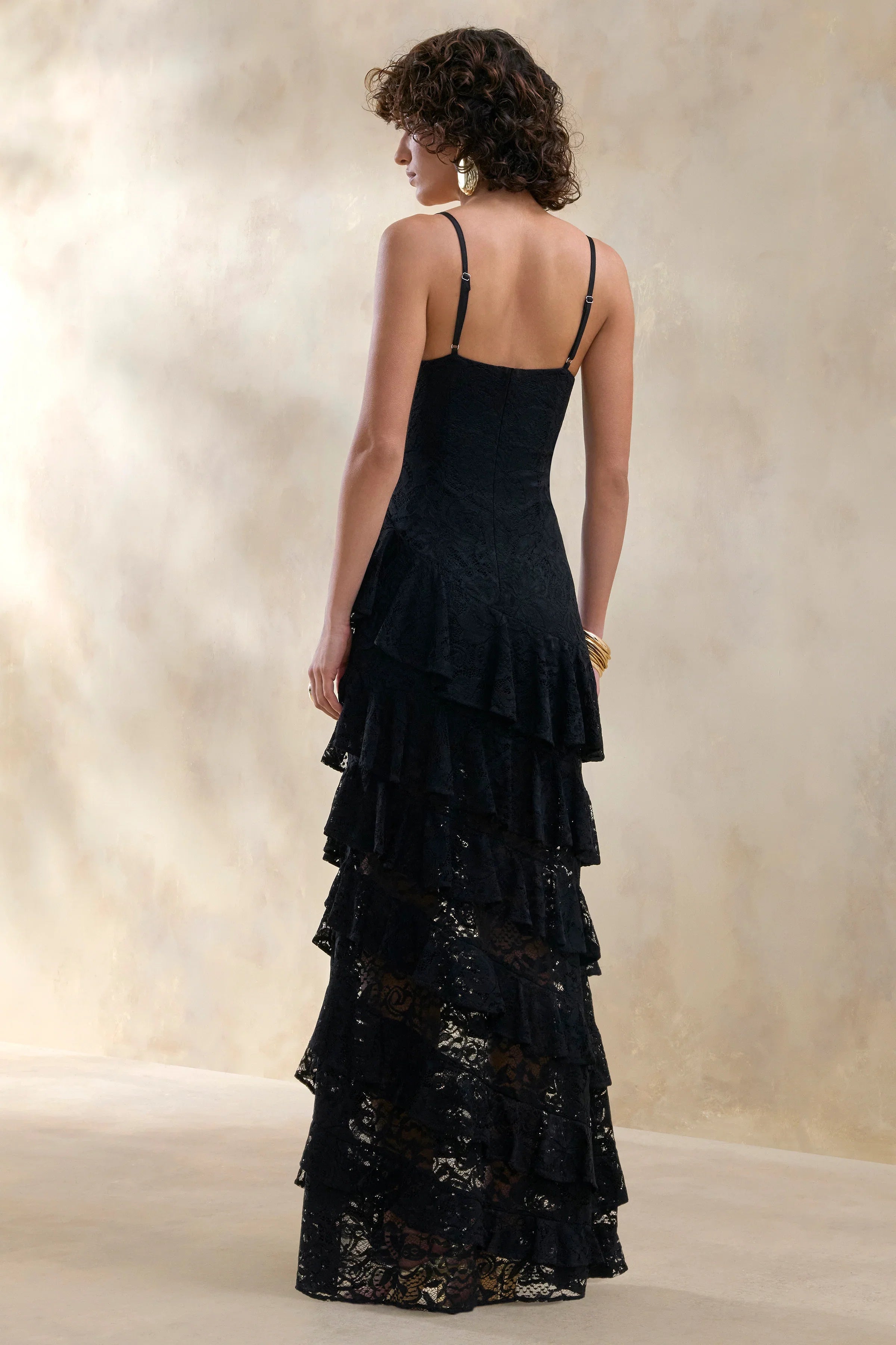 Avelisse Black Lace Plunge Neck Maxi Dress With Ruffled Detailing