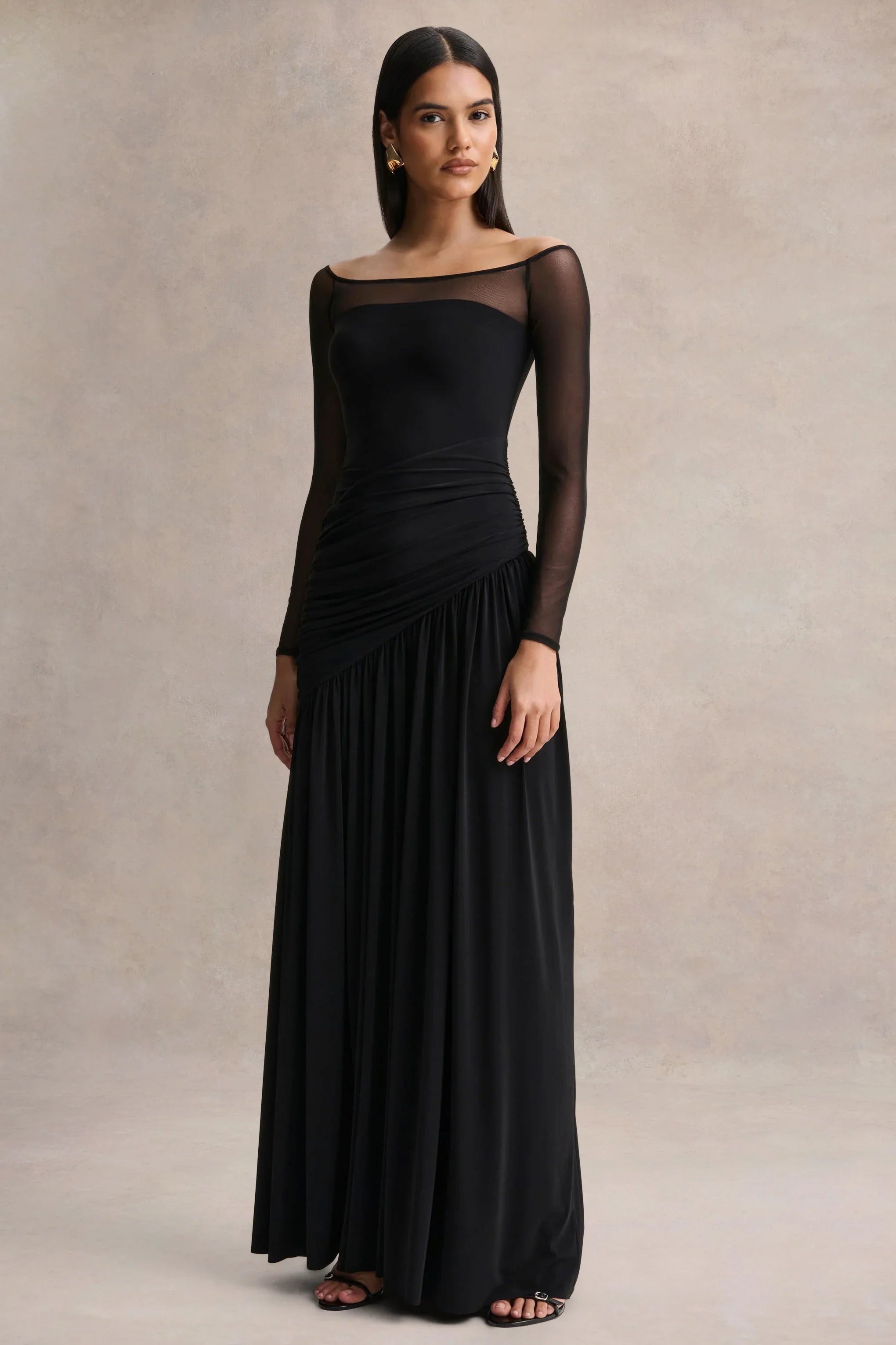 Bexley Black Bardot Neck Draped Maxi Dress With Long Mesh Sleeves