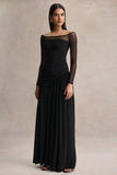 Bexley Black Bardot Neck Draped Maxi Dress With Long Mesh Sleeves