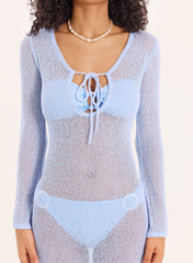 Blue Semi Sheer Cut Out Keyhole Knitted Maxi Dress