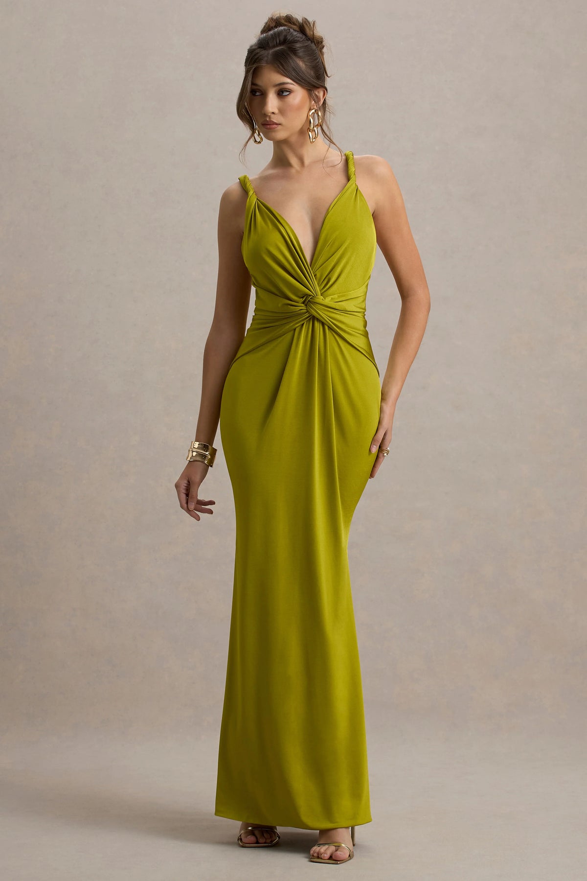 Santez Green Twisted Plunge Neck Maxi Dress