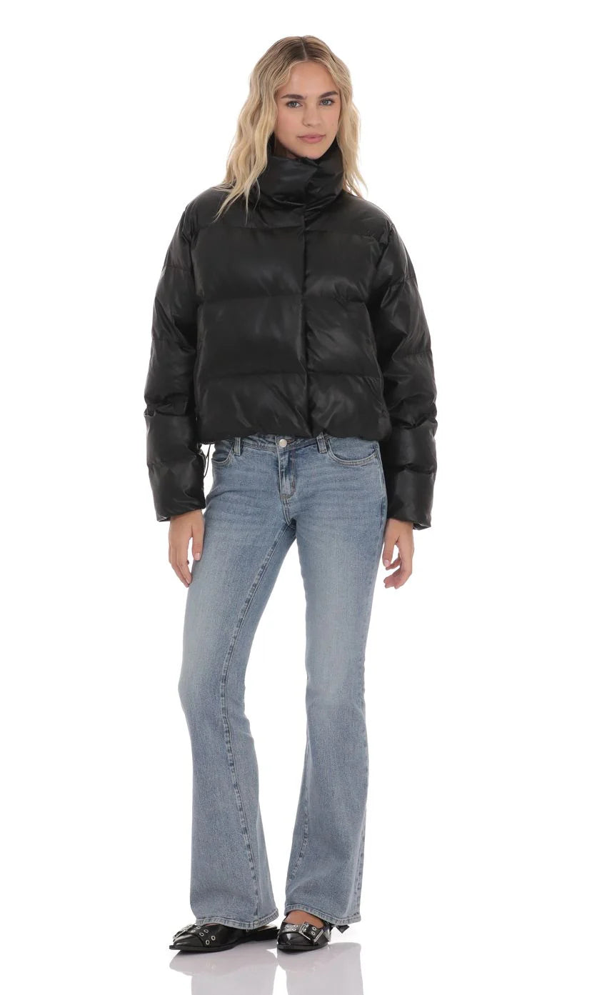 Faux Leather Puffer Jacket in Black