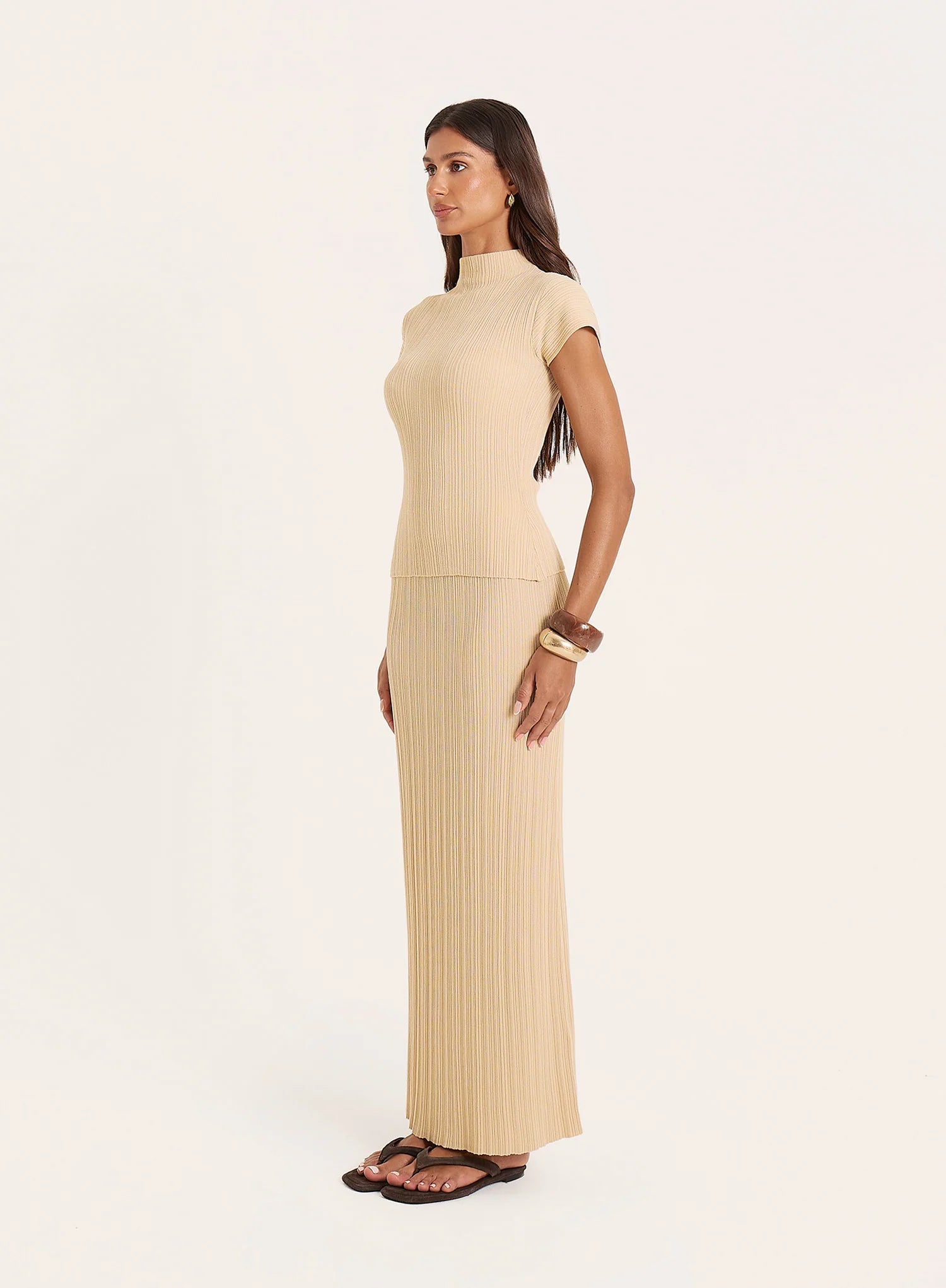 Beige Textured Fine Knit Maxi Skirt