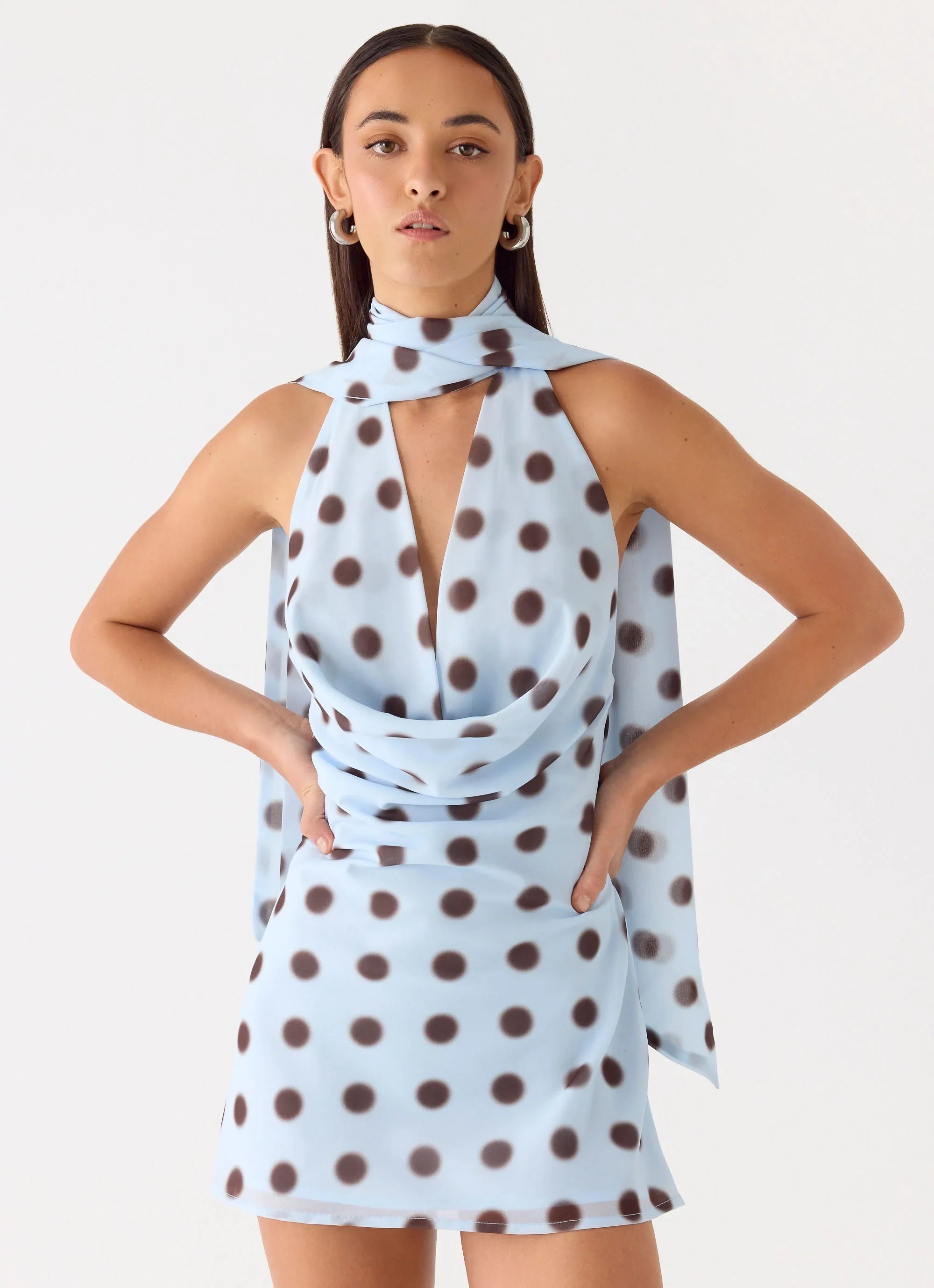 Get Me Halter Mini Dress Blue Mocha Dot