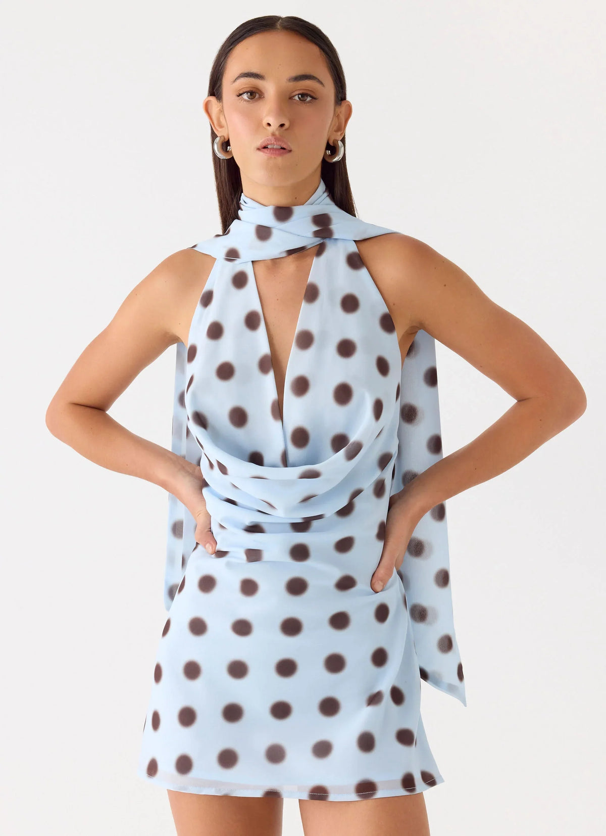Get Me Halter Mini Dress Blue Mocha Dot