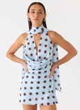 Get Me Halter Mini Dress Blue Mocha Dot