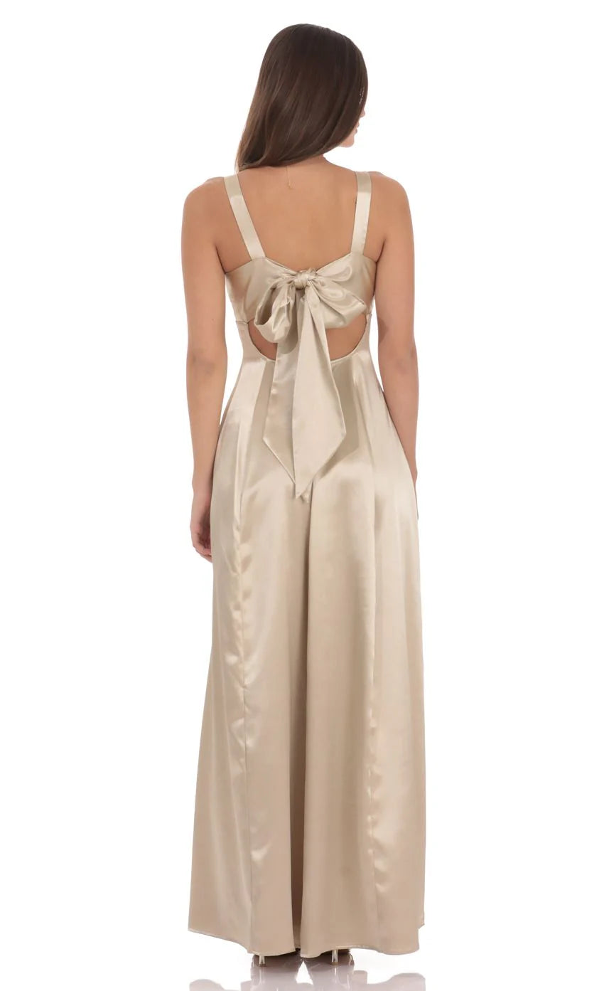 Satin V Neck Fit and Flare Maxi Dress in Gold