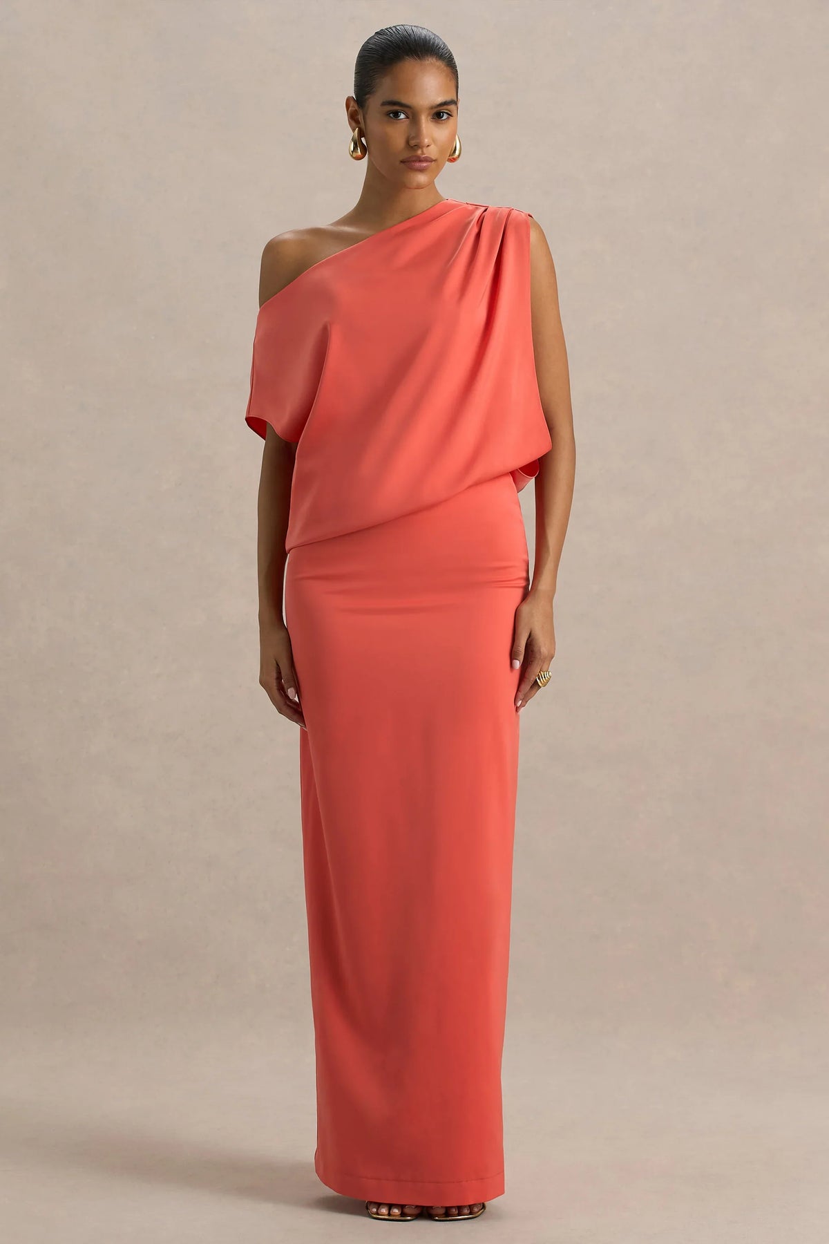 Ronnie Coral Satin Asymmetric Neck Maxi Dress With Draping Detail