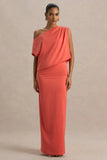 Ronnie Coral Satin Asymmetric Neck Maxi Dress With Draping Detail