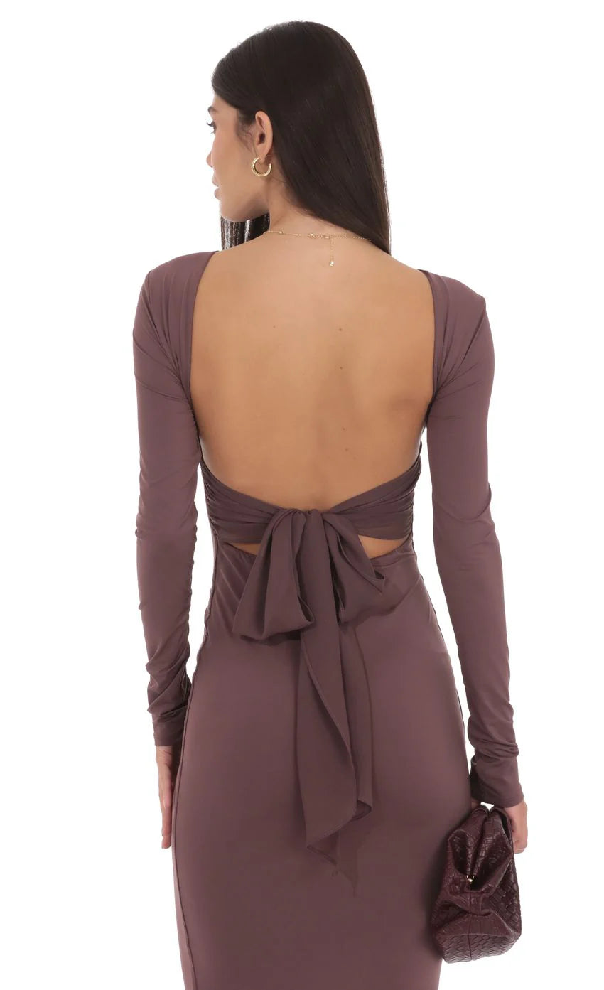Open Back Bow Maxi Dress in Ash Brown