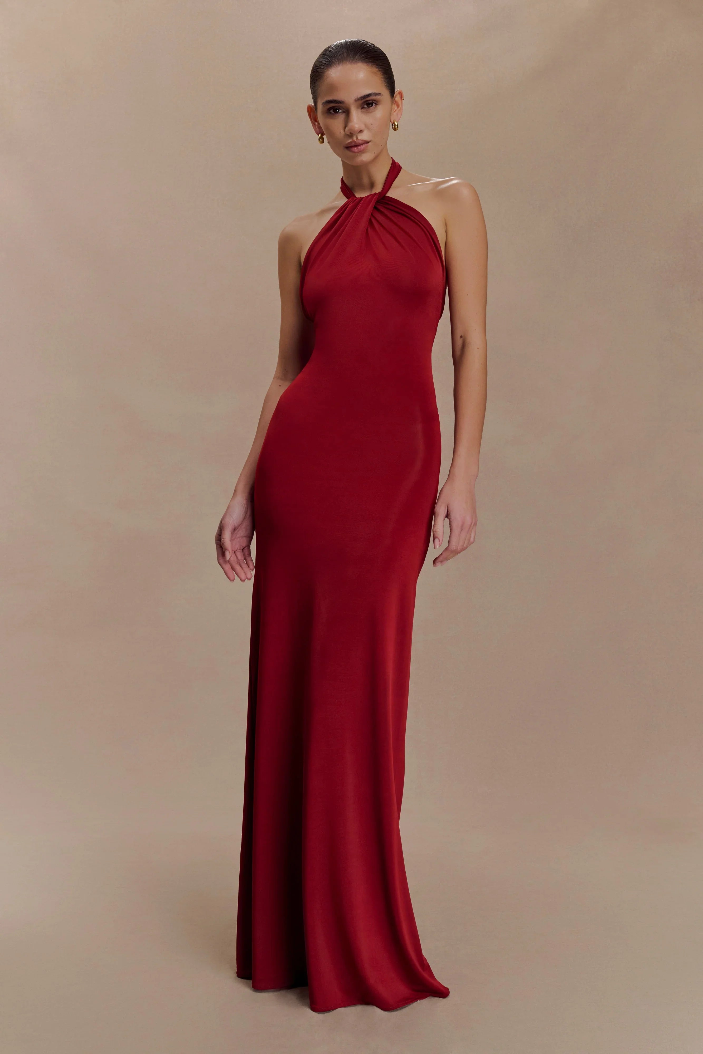 Elyna Slinky Halter Maxi Dress Deep Red