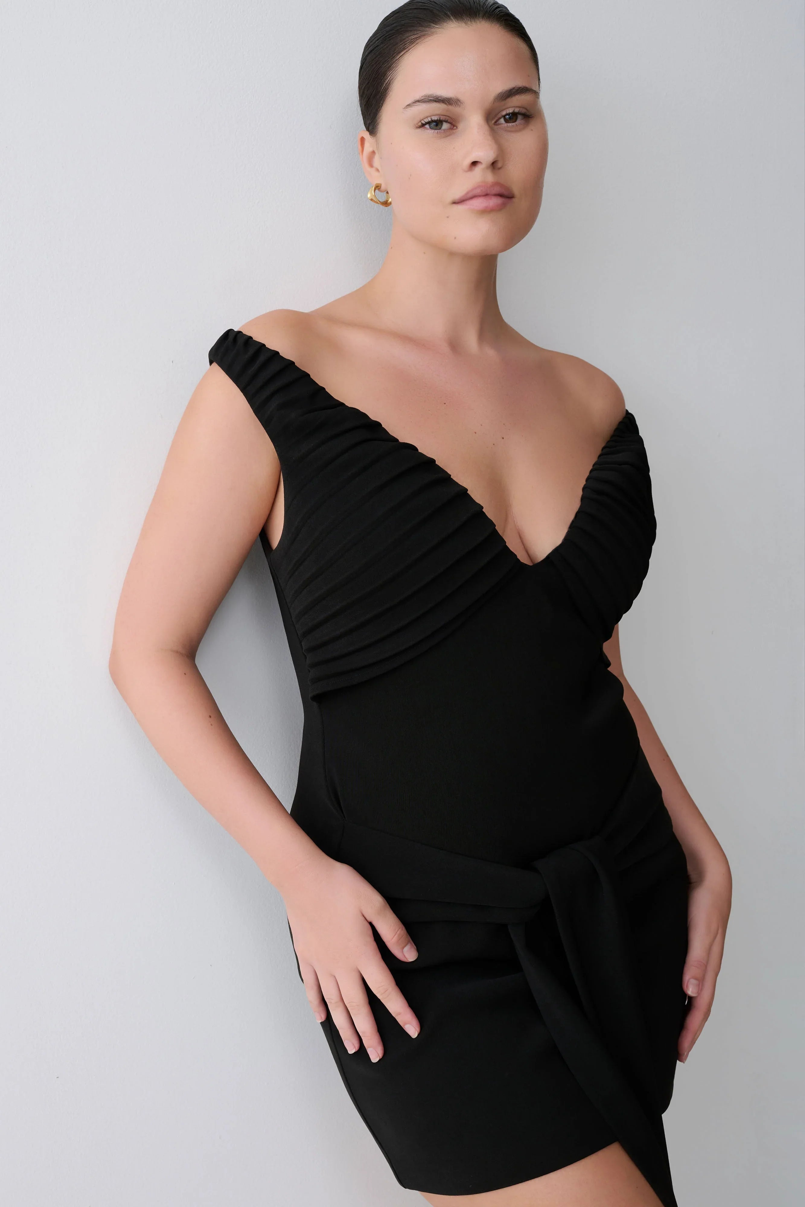 Runa Off Shoulder Mini Dress With Waist Tie Black