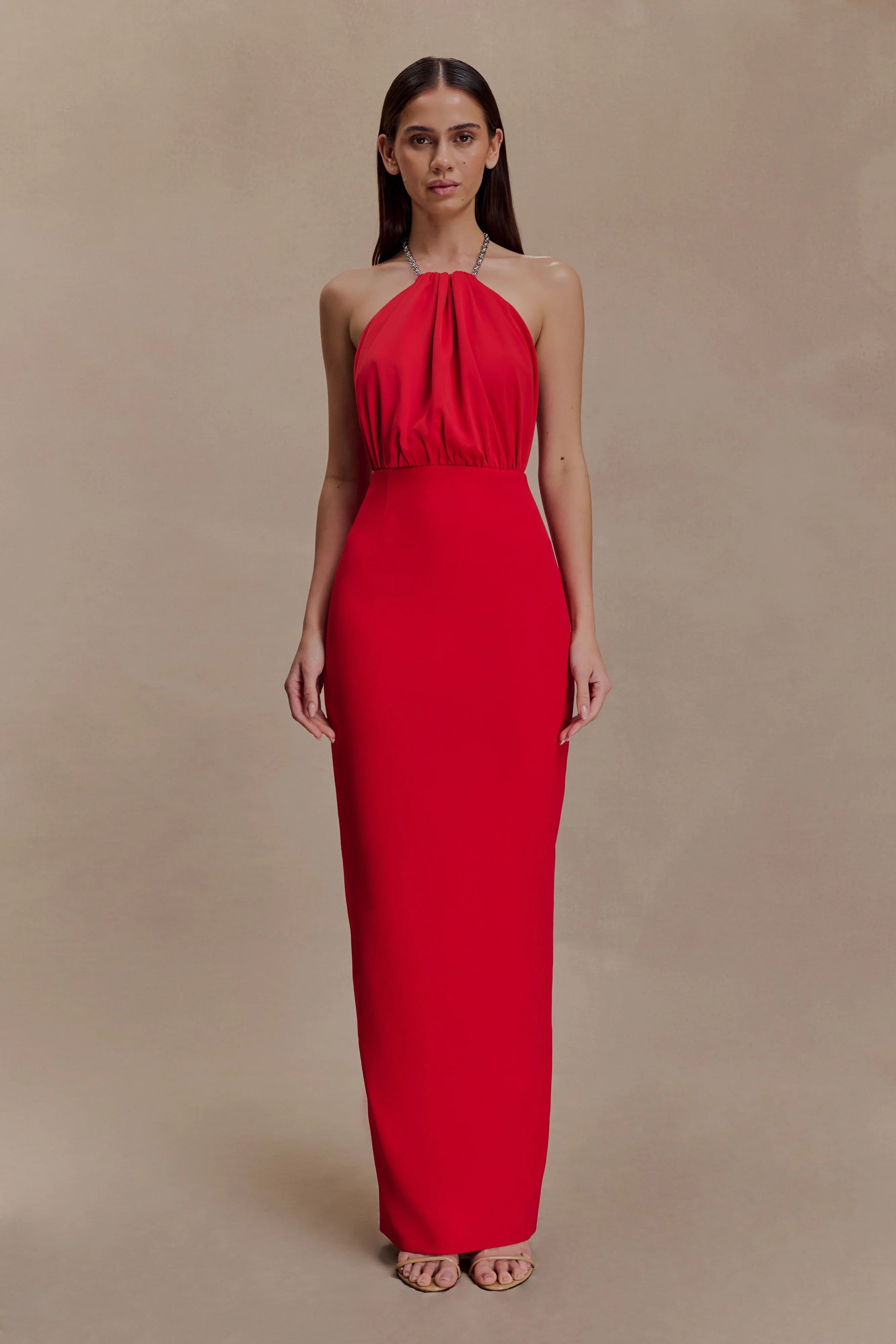 Elina Satin Necklace Maxi Dress Red