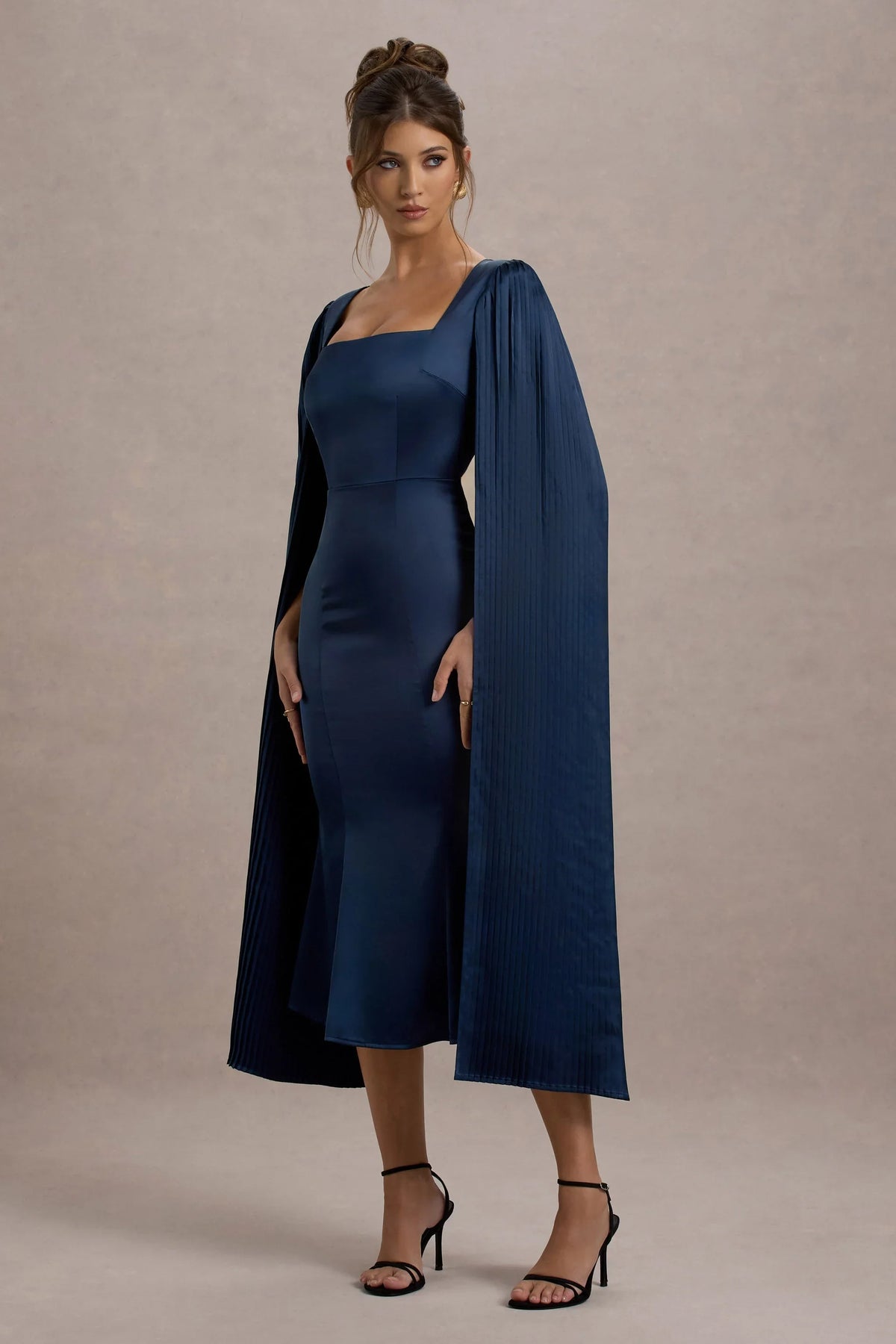 Nalda Navy Square Neck Midi Dress With Cape Sleeves