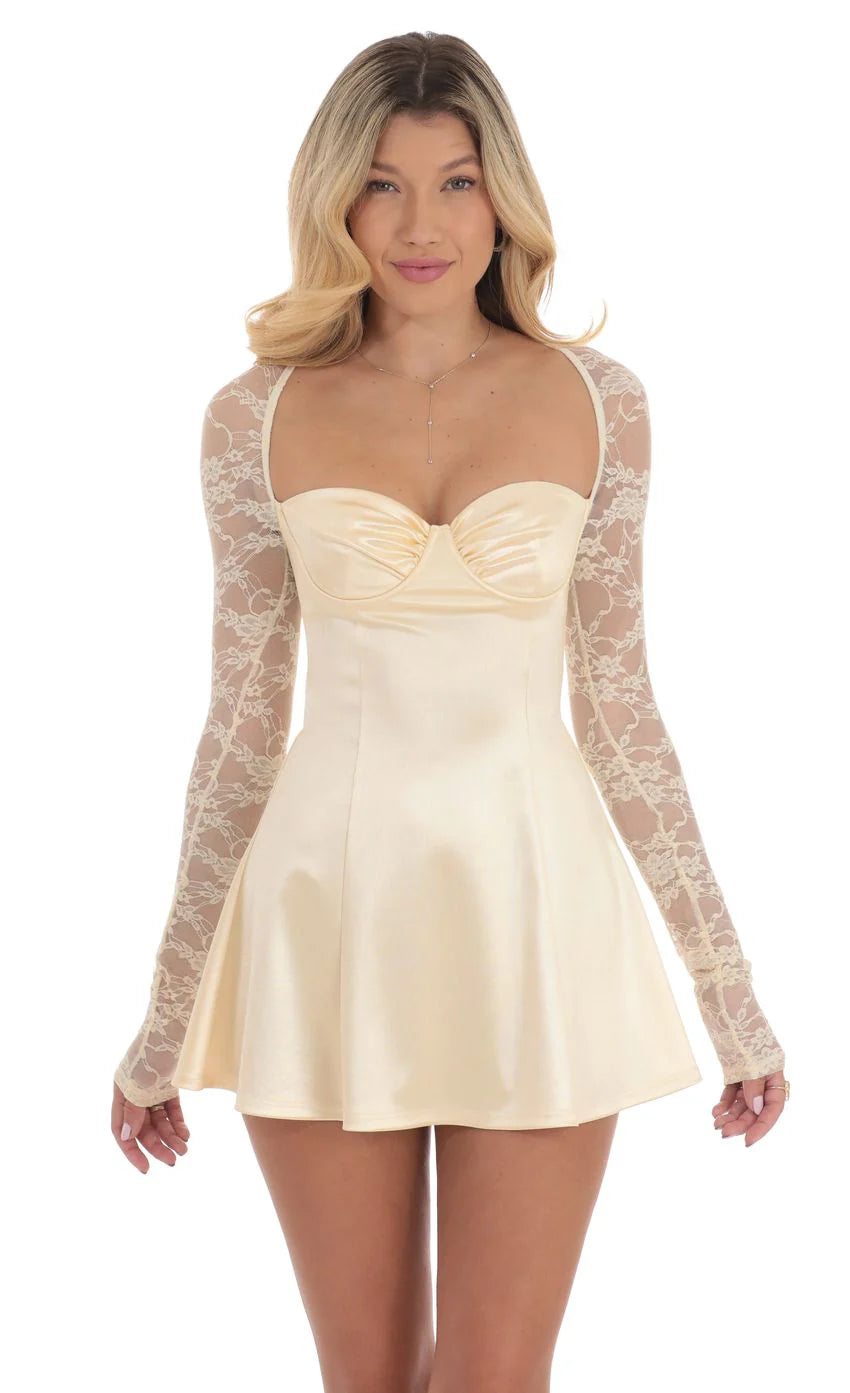 Satin Lace Sleeve Dress in Yellow Cream