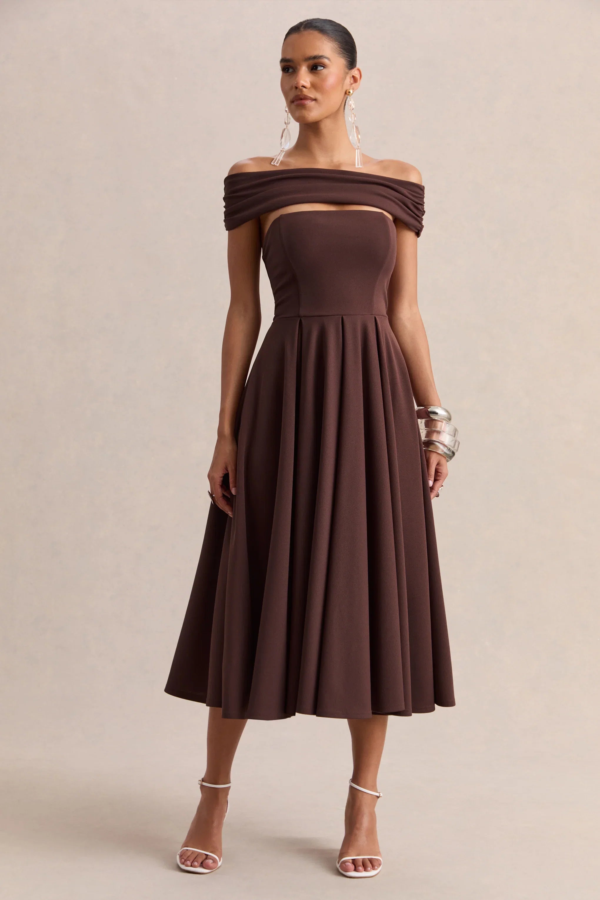 Mavina Brown Bardot Neck Midi Dress