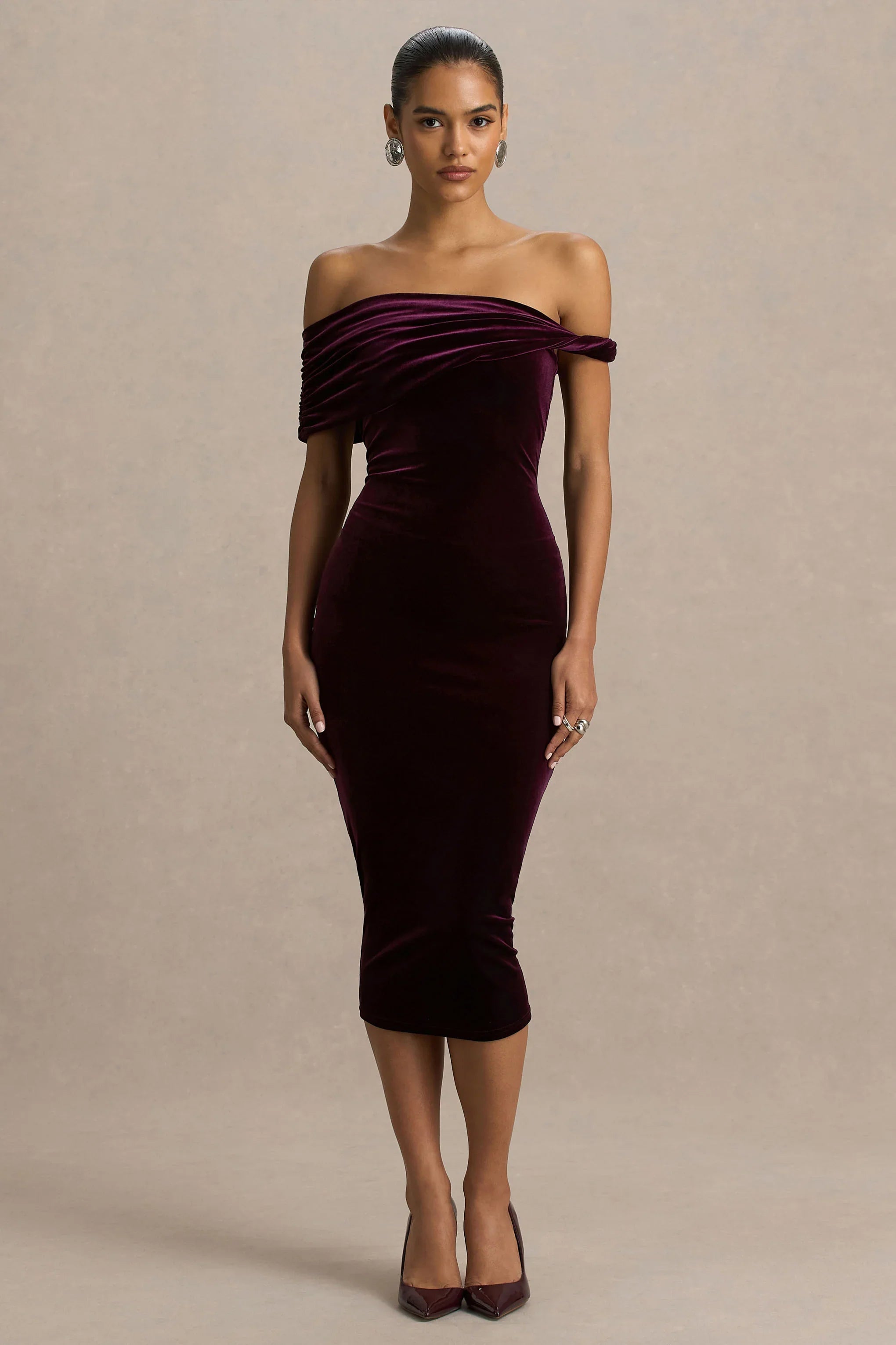 Billie Burgundy Velvet Bardot Neck Midi Dress With Twist Sleeve