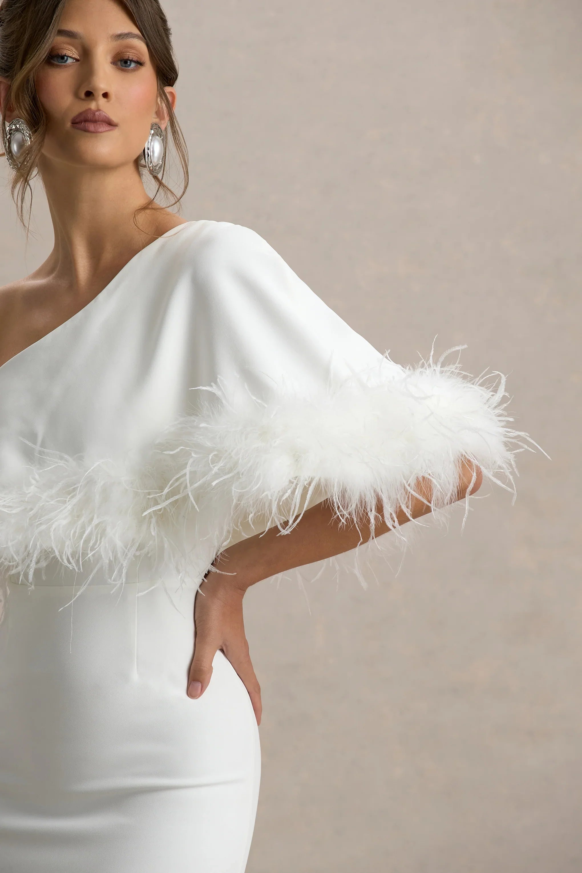 Valor White Asymmetric Maxi Dress With Feather Trim