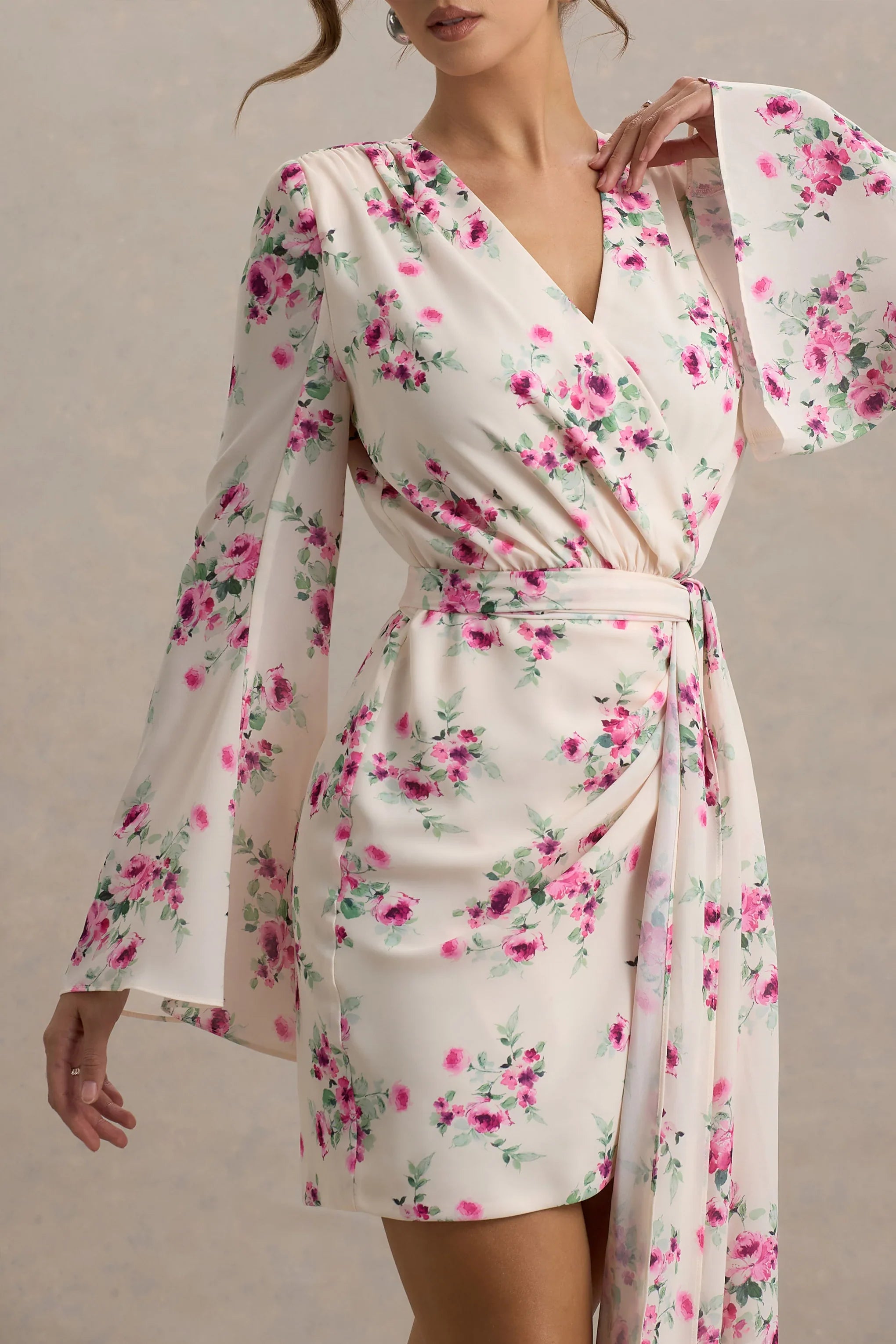 Goldie Cream Floral Print Chiffon Long Sleeve Wrap Mini Dress