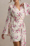Goldie Cream Floral Print Chiffon Long Sleeve Wrap Mini Dress