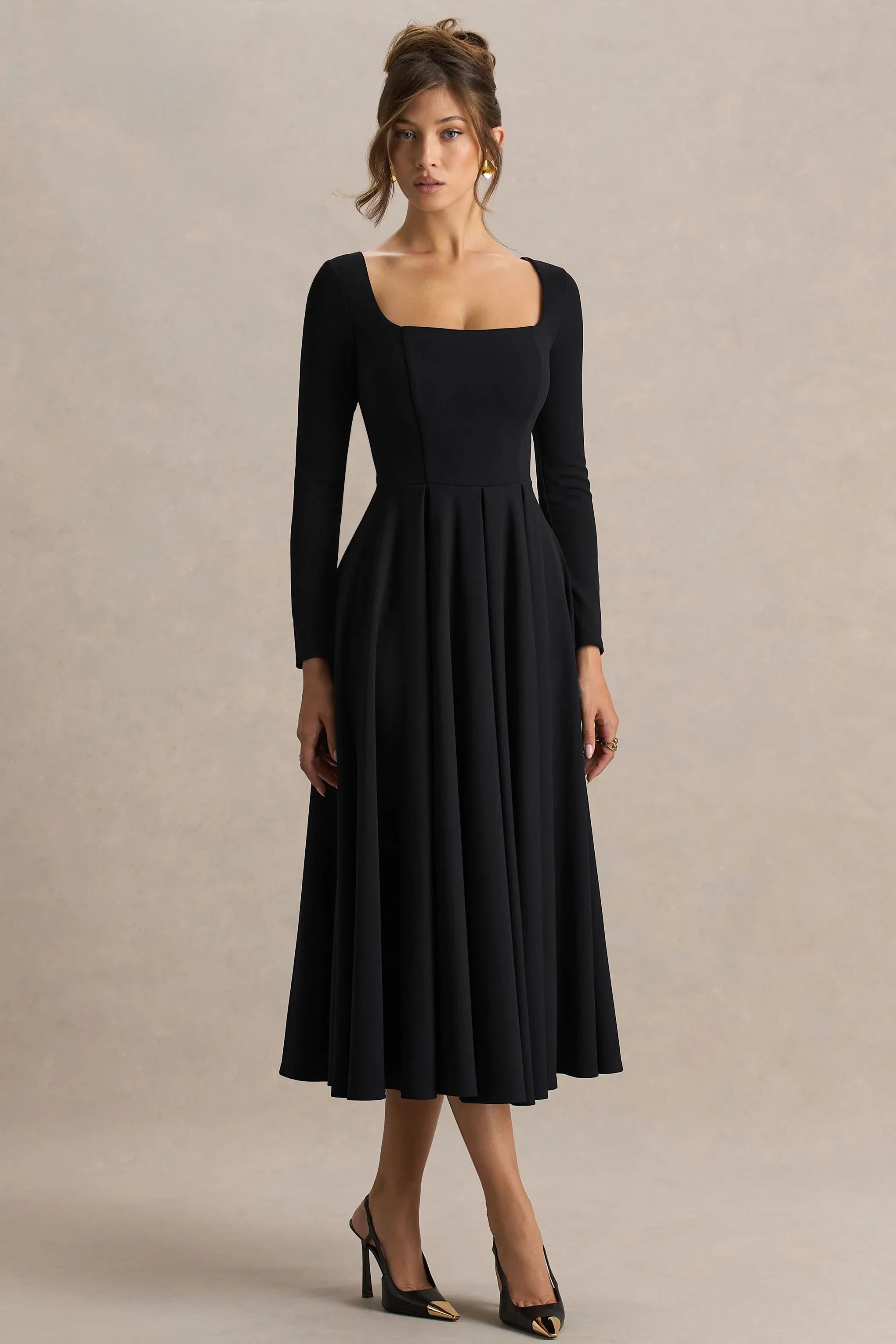 Alison Black Square Neck A Line Midi Dress