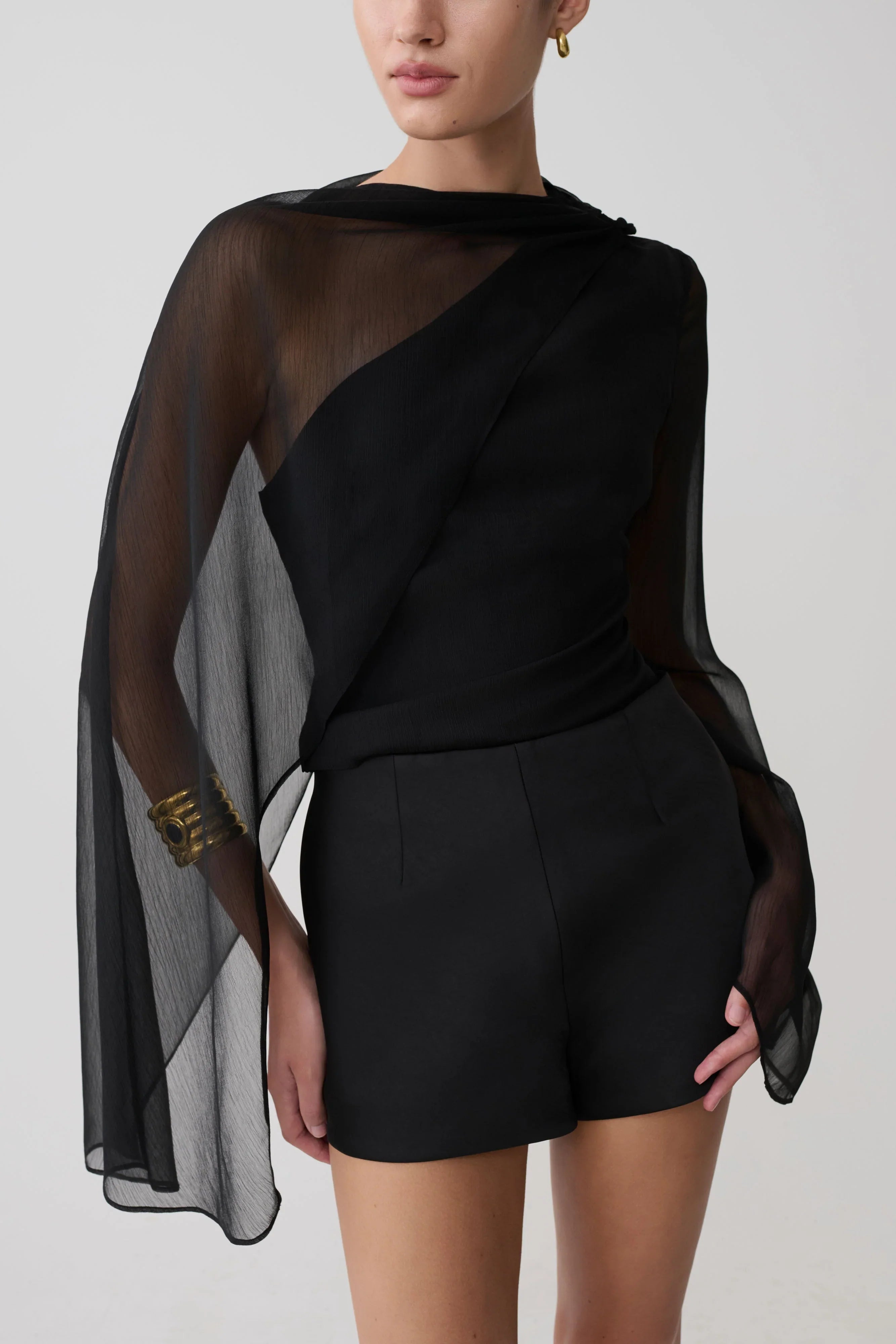 Ida Sheer Asymmetrical Long Sleeve Cape Black