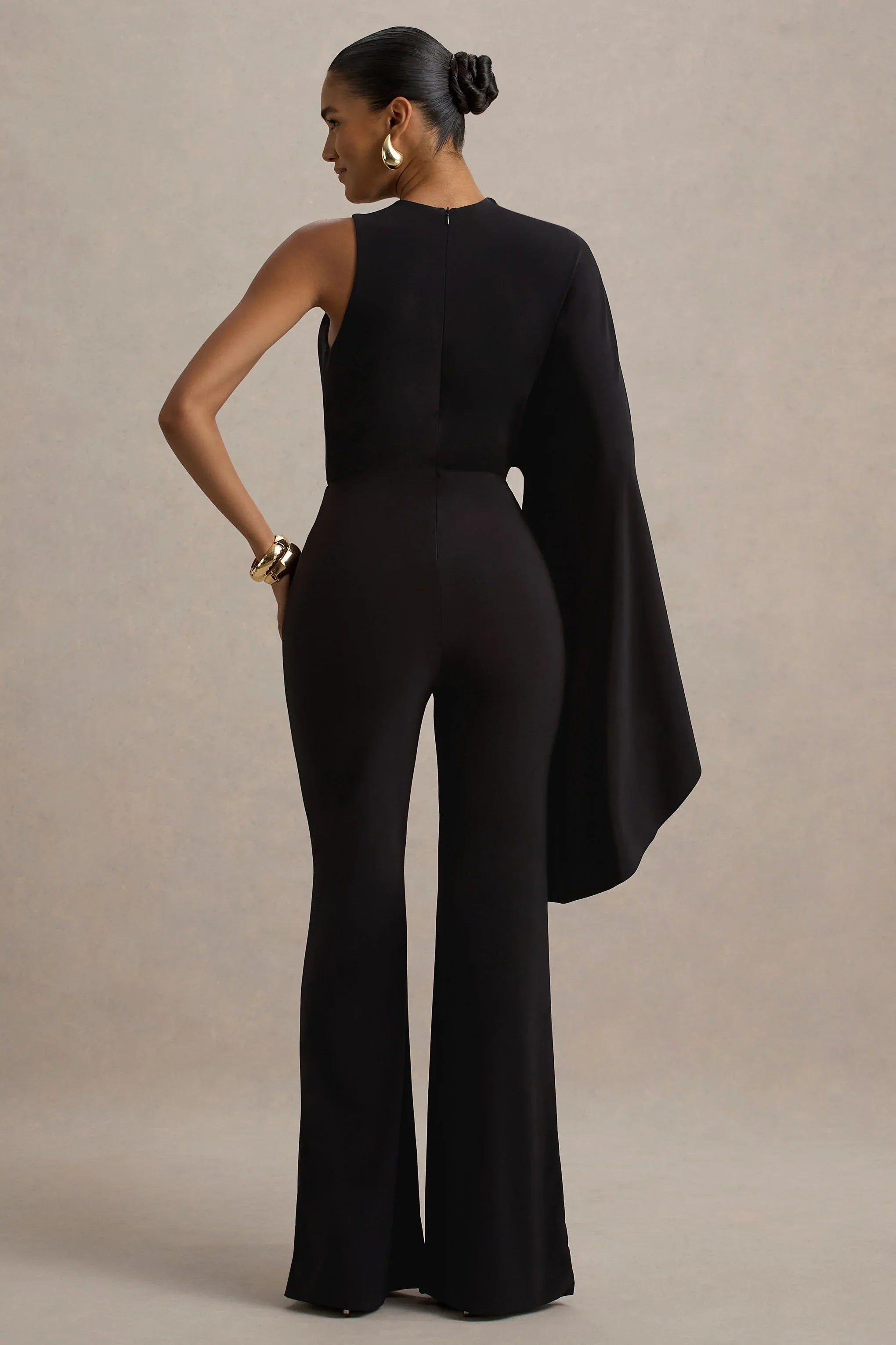 Asra Black High Neck Flared Leg Jumpsuit With Cape Sleeve
