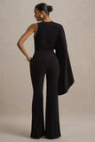 Asra Black High Neck Flared Leg Jumpsuit With Cape Sleeve