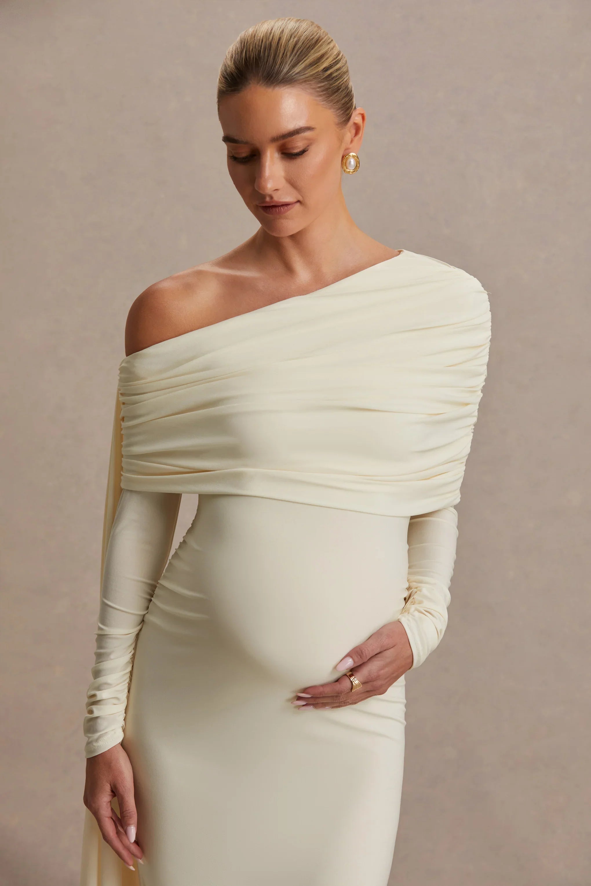 Cyra Cream Asymmetric Neck Maternity Maxi Dress With Sash