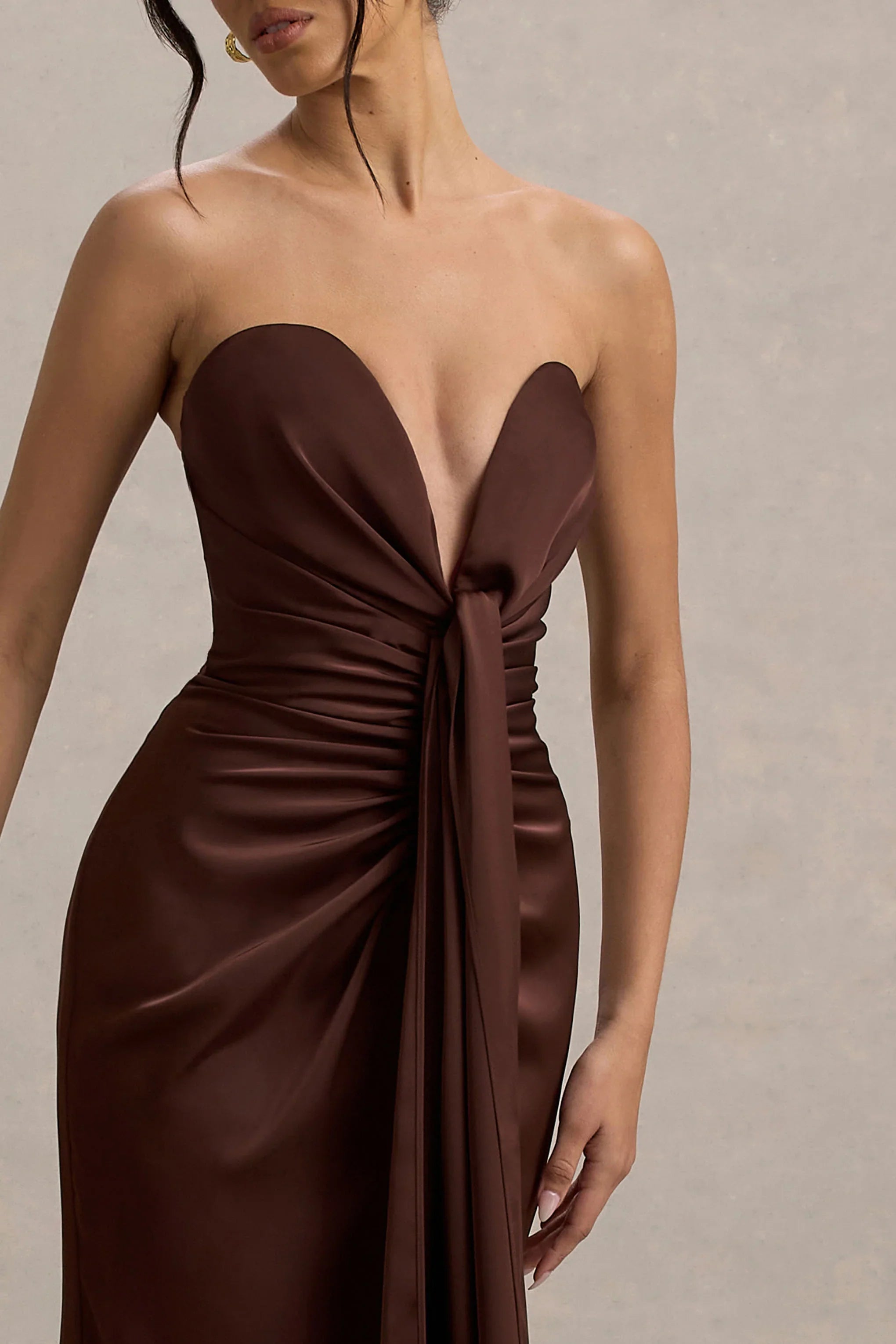 Mackenzie Brown Satin Plunge Neck Draped Maxi Dress