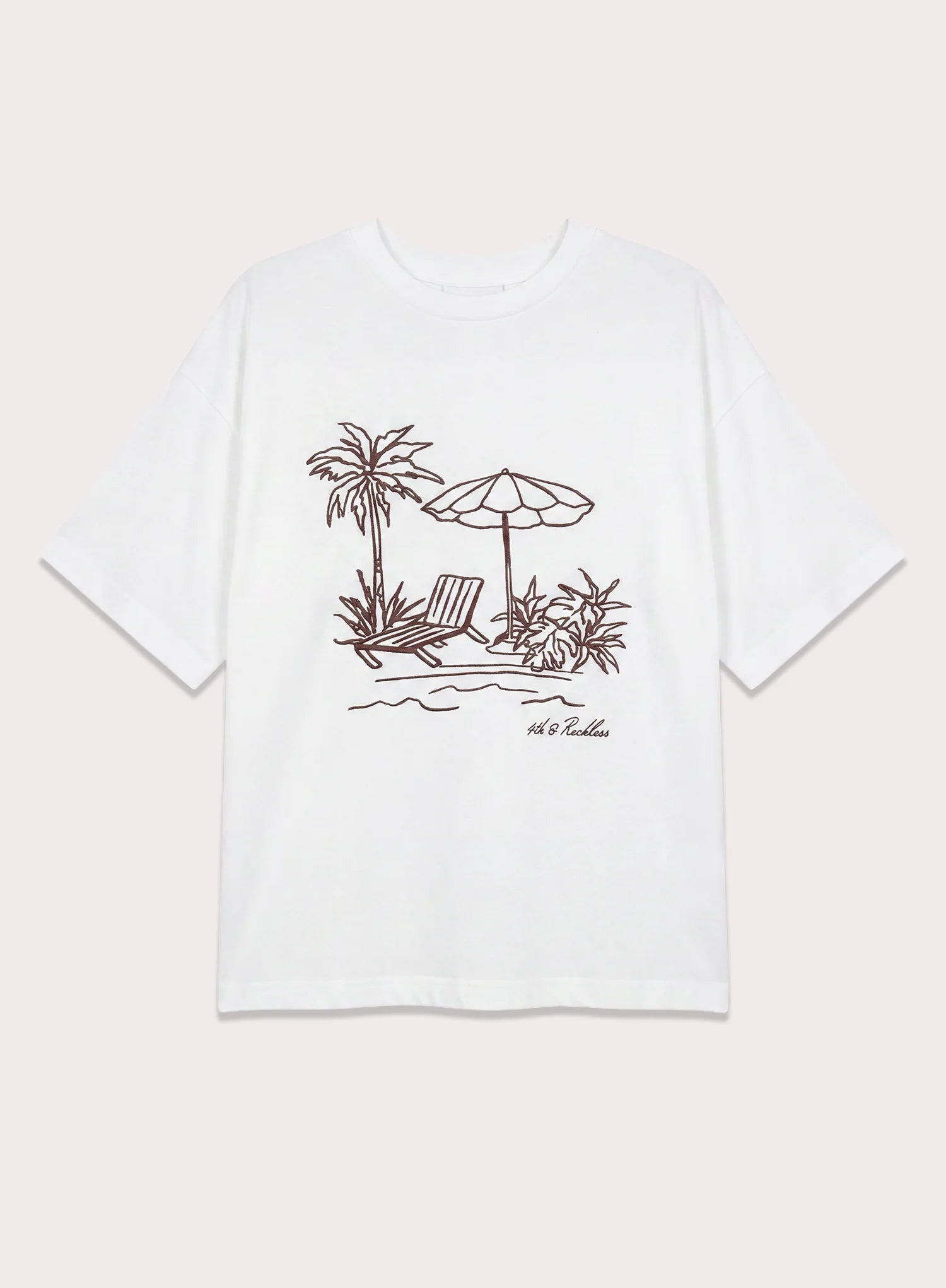 White Beach Embroidered Graphic Cotton T Shirt
