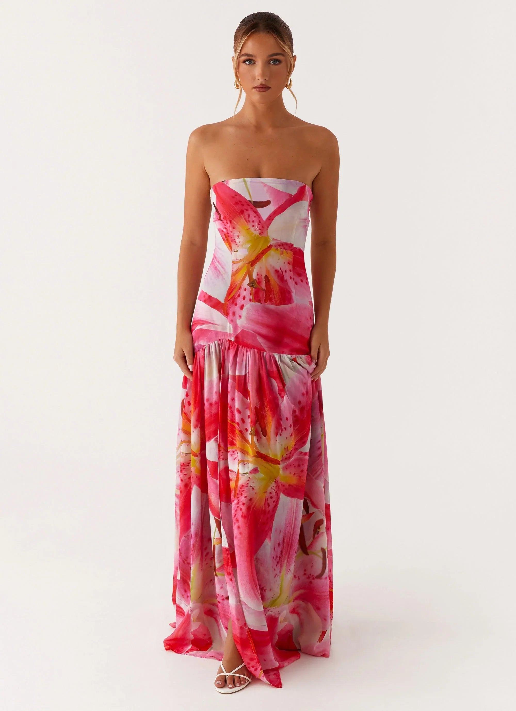Eden Strapless Maxi Dress White Pink Lilly