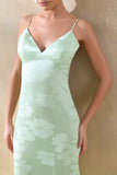 Carelle Green Satin Plunge Neck Maxi Dress With Asymmetric Drop Waist