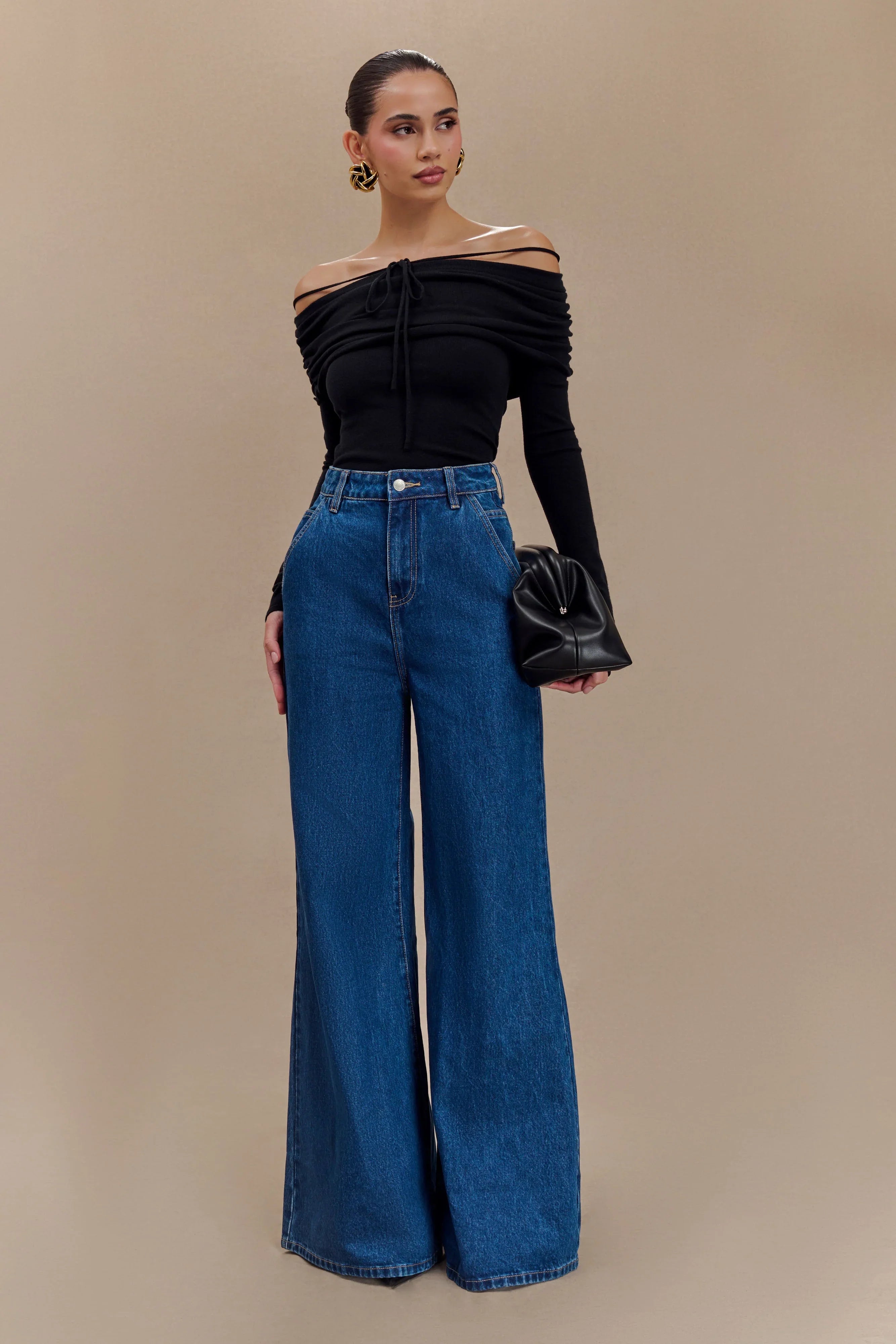 Jen Wide Leg Flare Denim Jeans Dark Blue