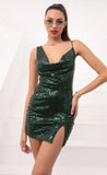 Cowl Neck Sequin Mini Dress in Hunter Green