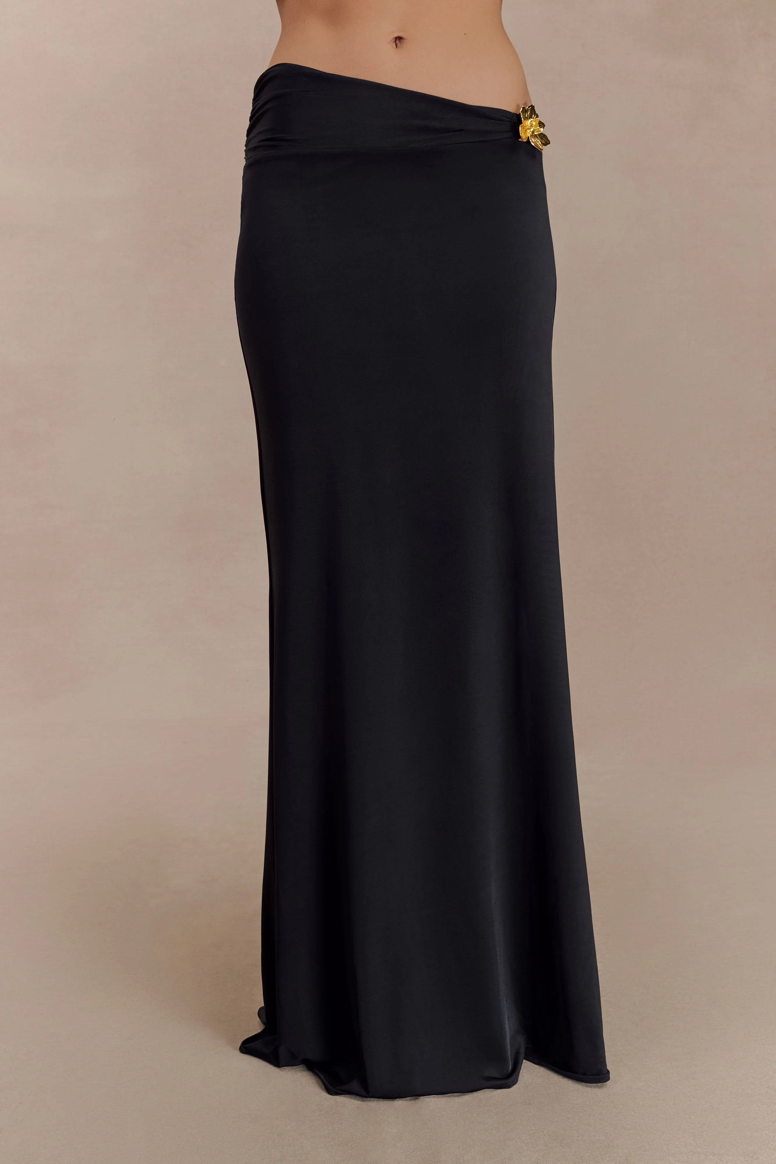 Ainsley Asymmetrical Maxi Skirt With Floral Hardware Black