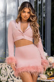 Tempting Pink Cropped Blazer With Feather Trim On Sleeve Cuff