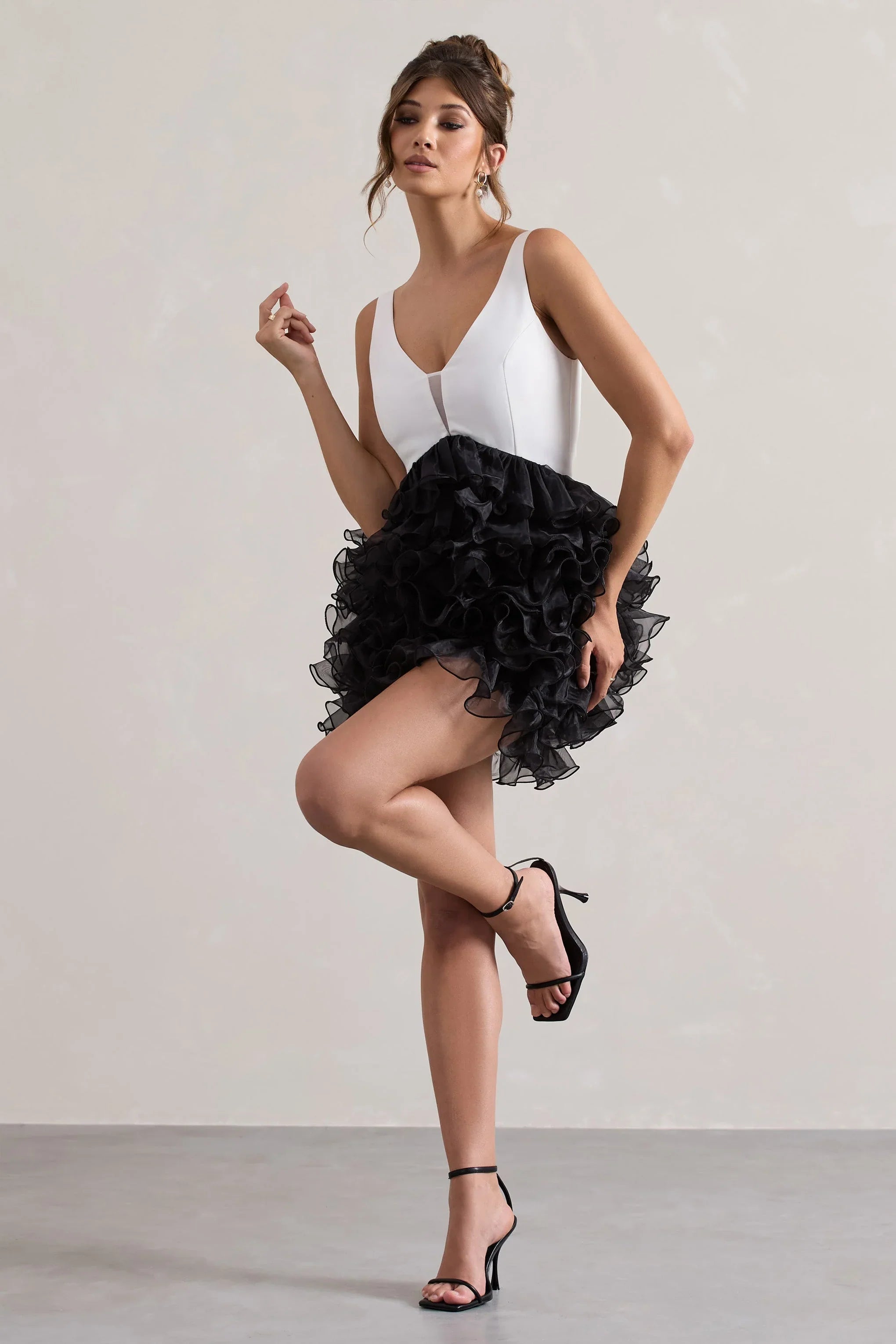 Riot Black White Plunge Neck Mini Dress With Organza Skirt