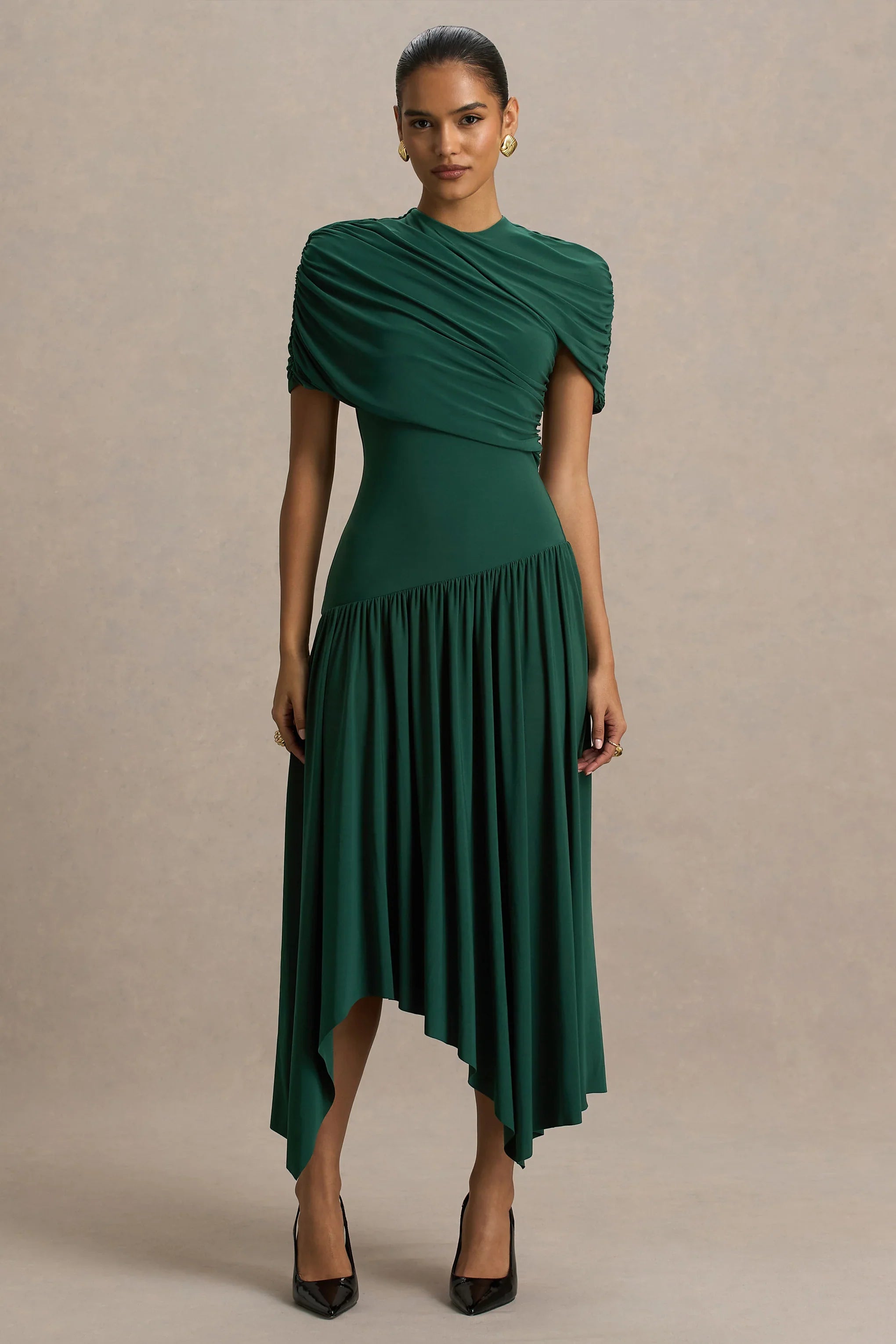 Ione Teal Wrapped Midi Dress With Hanky Hem